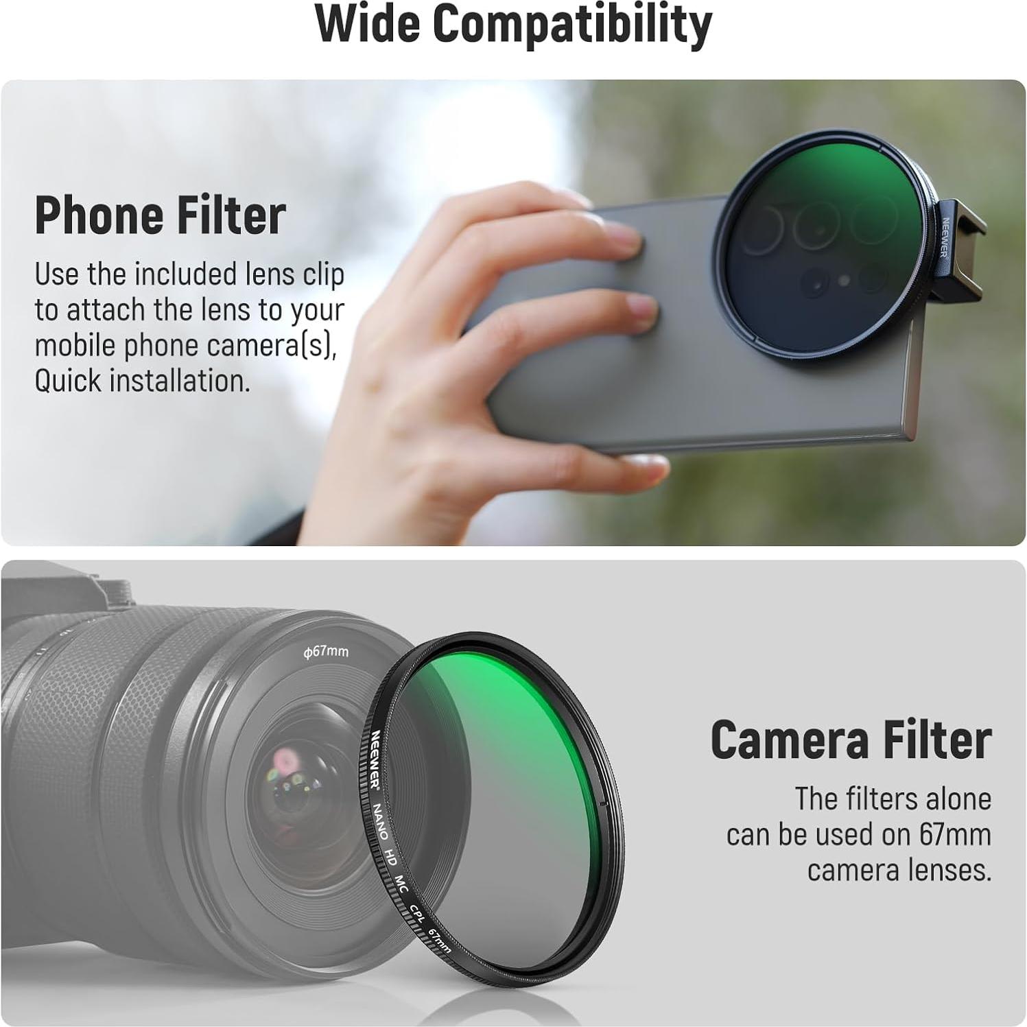 Filtro CPL NEEWER 67mm para Teléfono y Cámara - Clip Frío