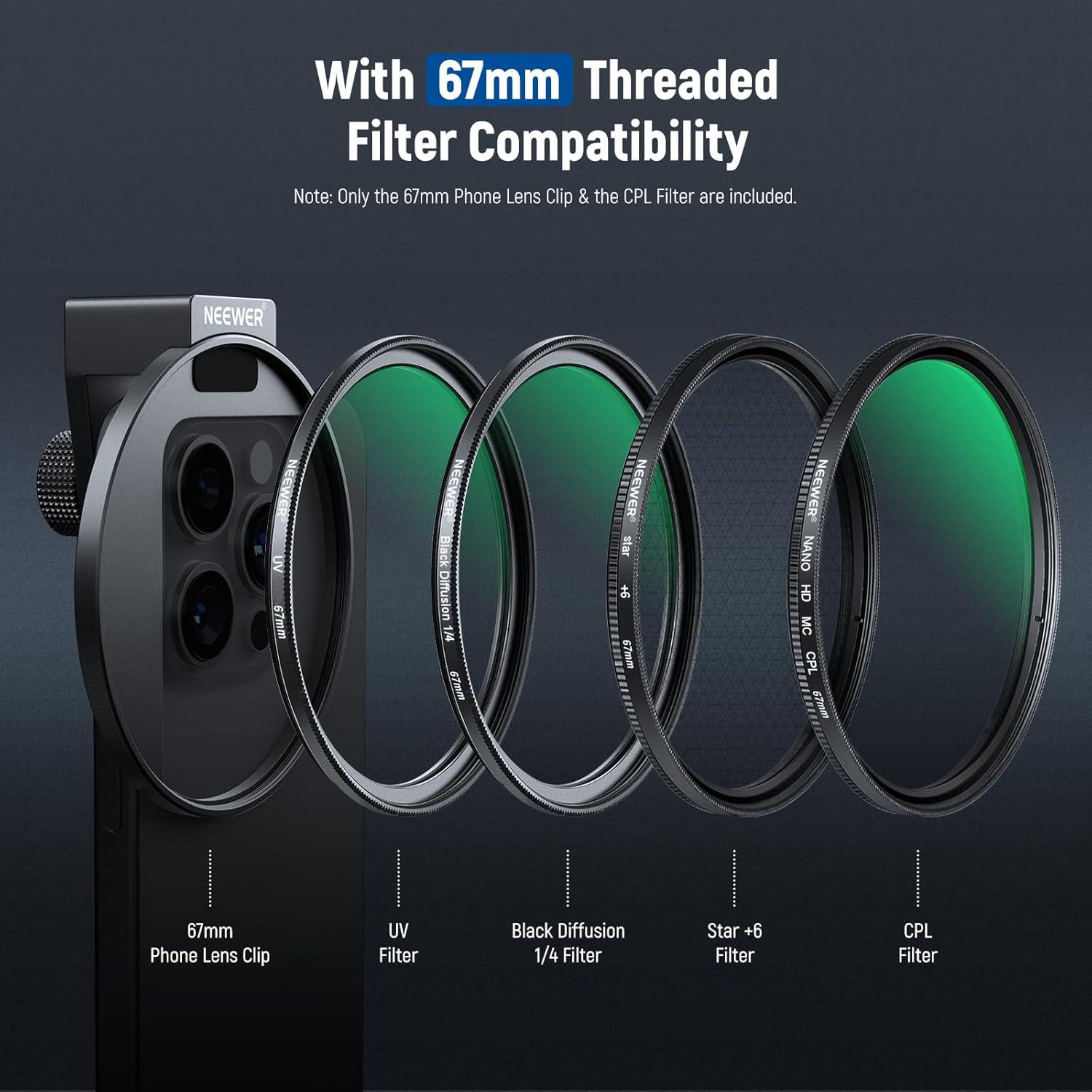 Filtro CPL NEEWER 67mm para Teléfono y Cámara - Clip Frío