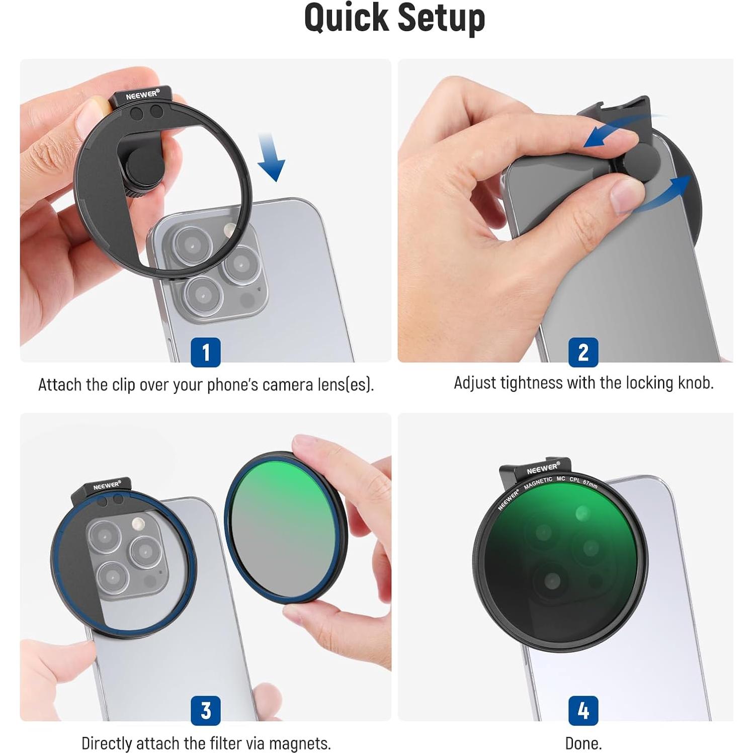 Filtro CPL Magnético 67mm NEEWER para Teléfono - Clip Universal