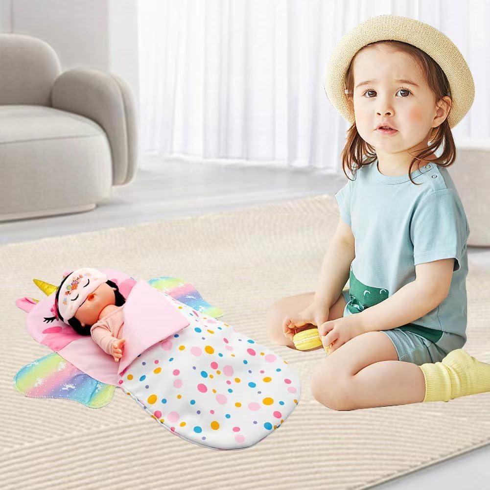 Juego de bolsa de dormir unicornio Baby Doll 30 cm con máscara