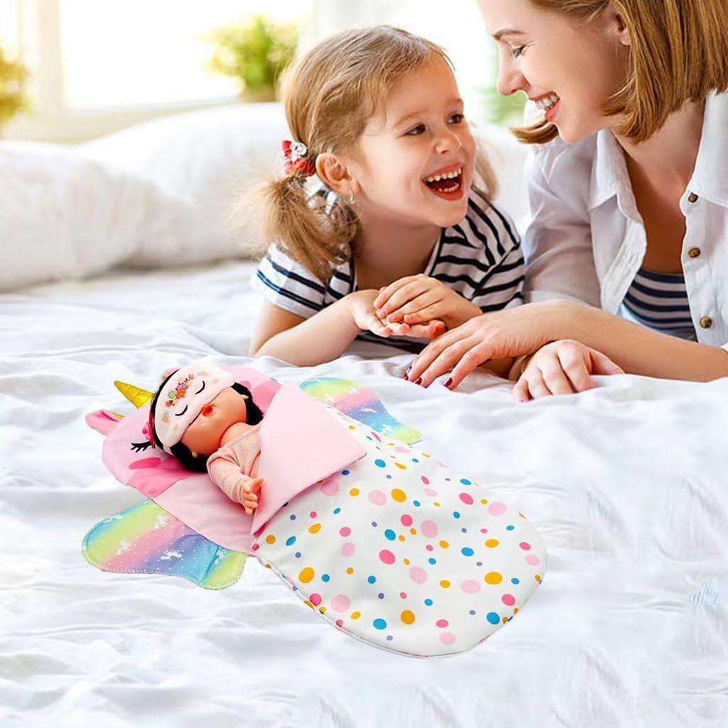 Juego de bolsa de dormir unicornio Baby Doll 30 cm con máscara