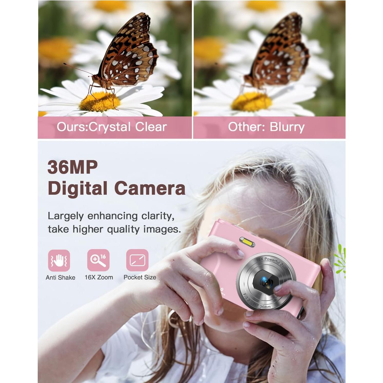 Cámara Digital Kenuo Rosa 36MP 1080P para Niños Compacta