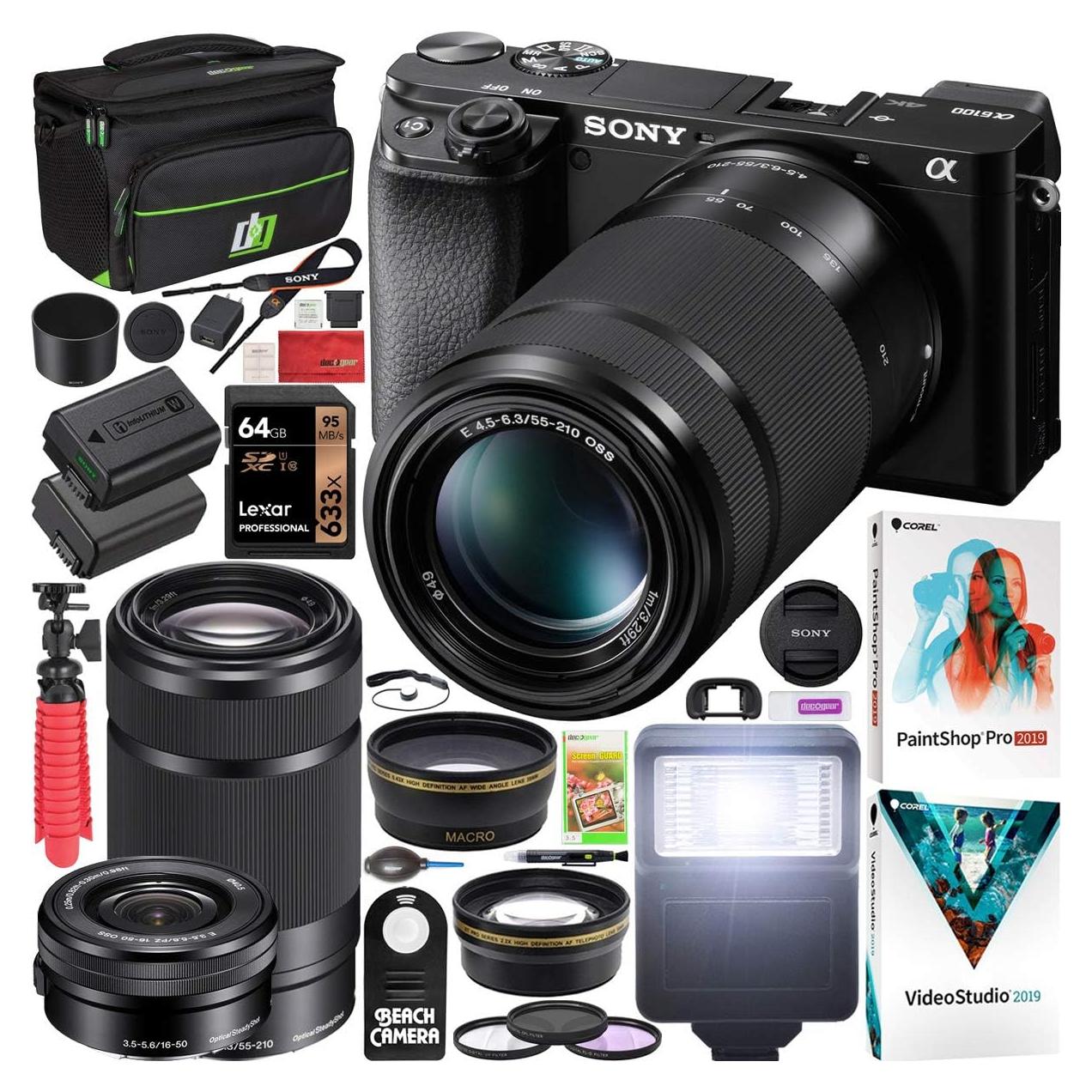 a6100 Mirrorless Camera 4K APS-C ILCE-6100YB with 2 Lens Kit 16-50mm + 55-210mm and Deco Gear Case + Extra Battery + Flash + Wide Angle & Telephoto Lens + Filter Kit + 64GB Accessories Bundle