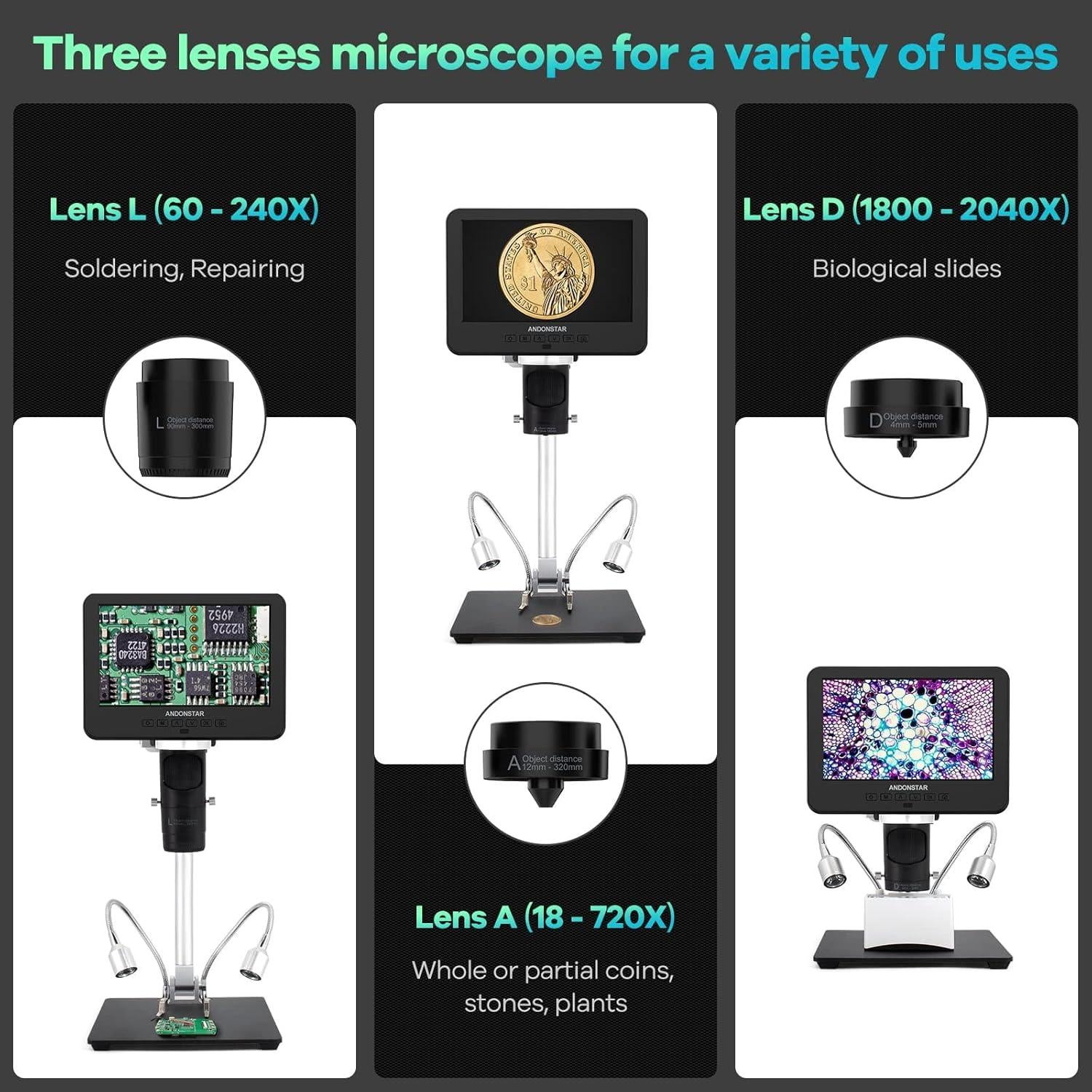 Microscopio Digital Andonstar AD246S-M 2000x 7" HDMI UHD