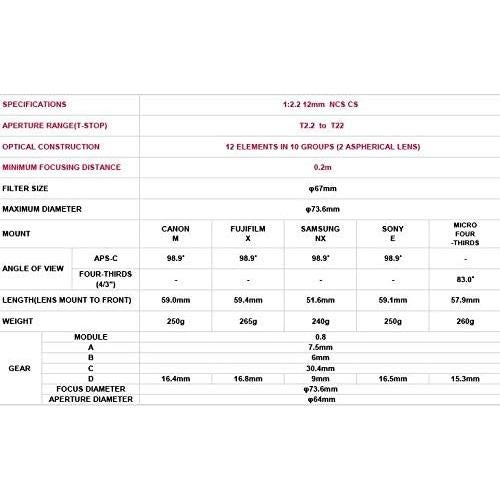 Lente de Cine Samyang 12mm T2.2 VDSLR para Fuji X