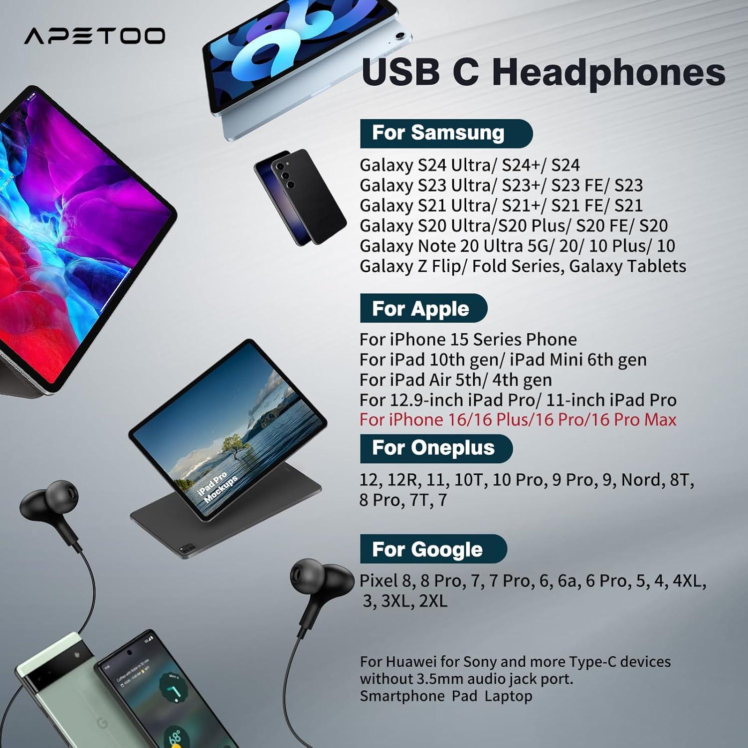 Auriculares USB C APETOO con micrófono y control de volumen