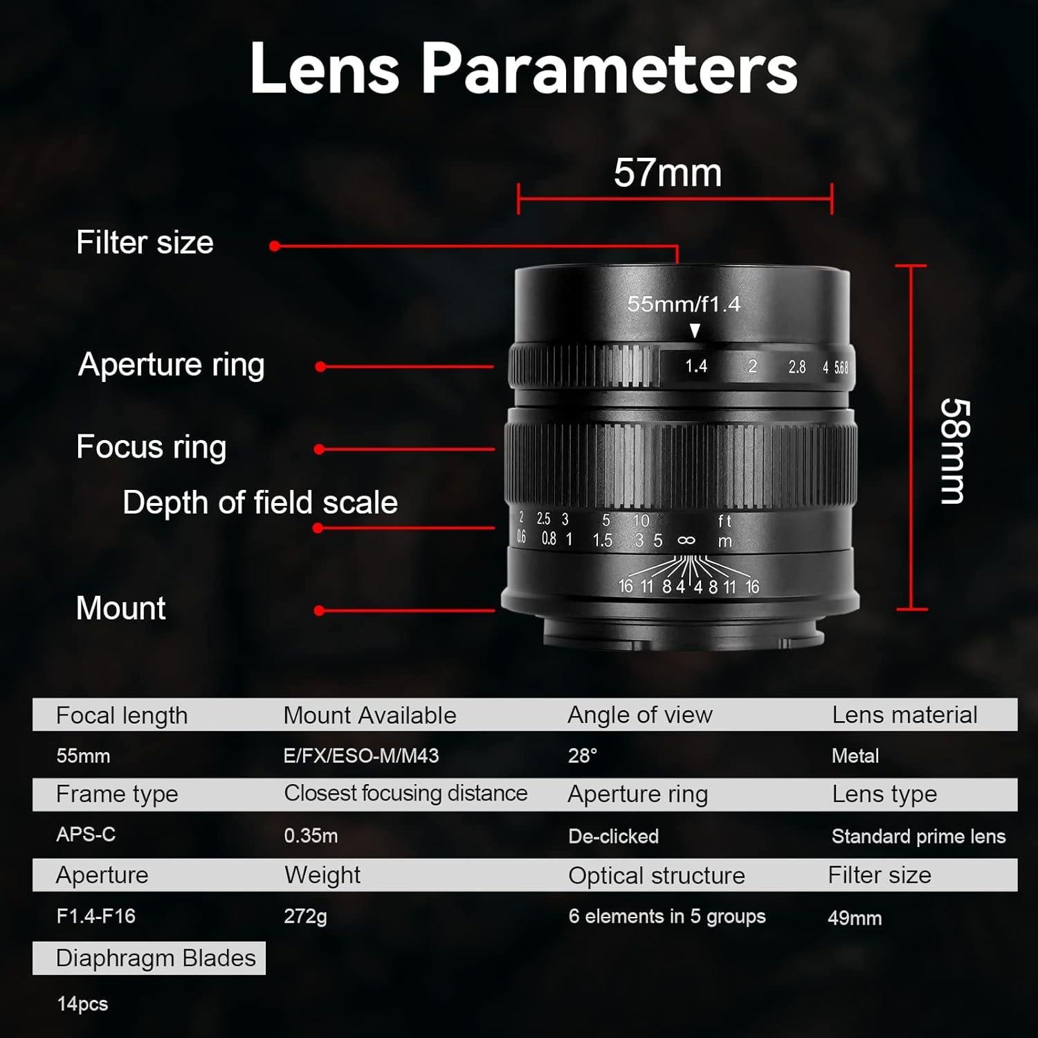 Lente 7artisans 55mm F1.4 APS-C Montura M4/3 Enfoque Manual