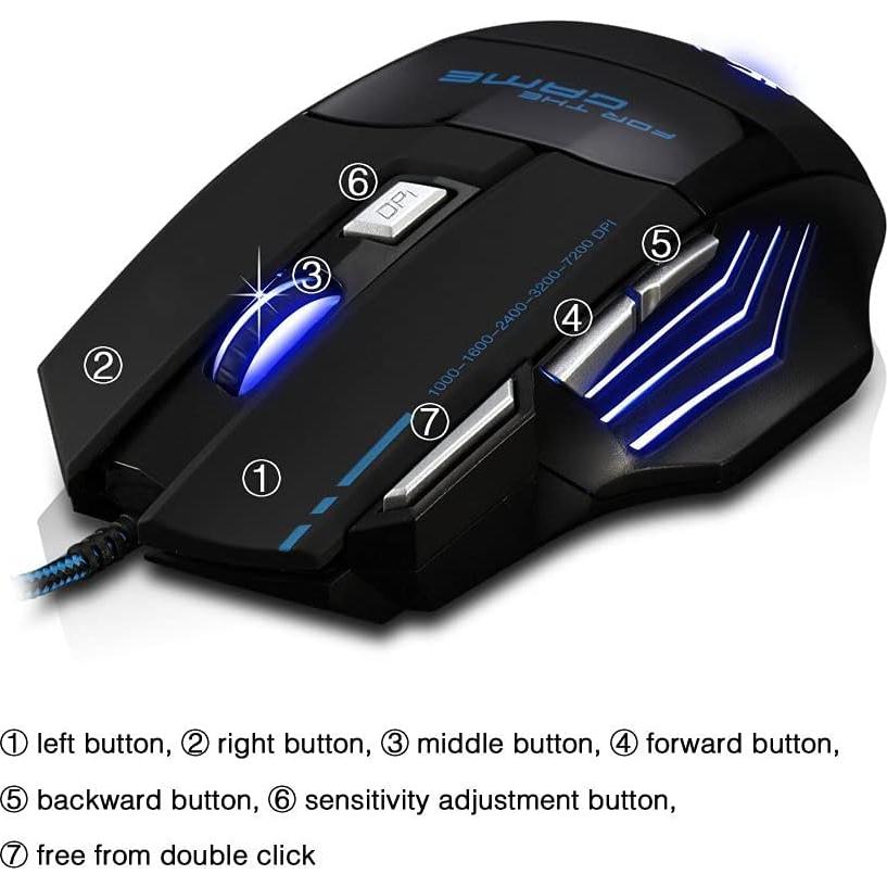 Zelotes Ergonomic 7200 DPI LED Optical Wired Gaming Mouse Mice 7 Buttons Compatible Mac Pro Gamer PC Laptop Desktop Notebook-Black Black(T80)