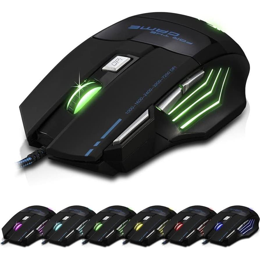 Zelotes Ergonomic 7200 DPI LED Optical Wired Gaming Mouse Mice 7 Buttons Compatible Mac Pro Gamer PC Laptop Desktop Notebook-Black Black(T80)