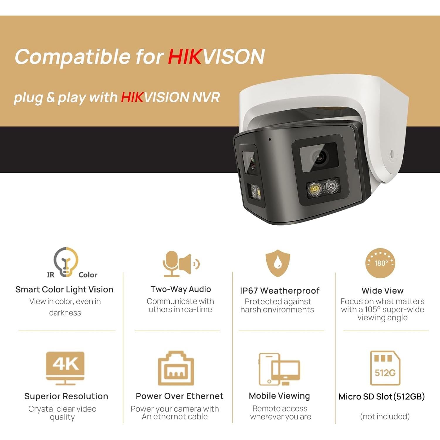 Cámara de Seguridad PoE 4K Doble Lente 8MP IP66 180°