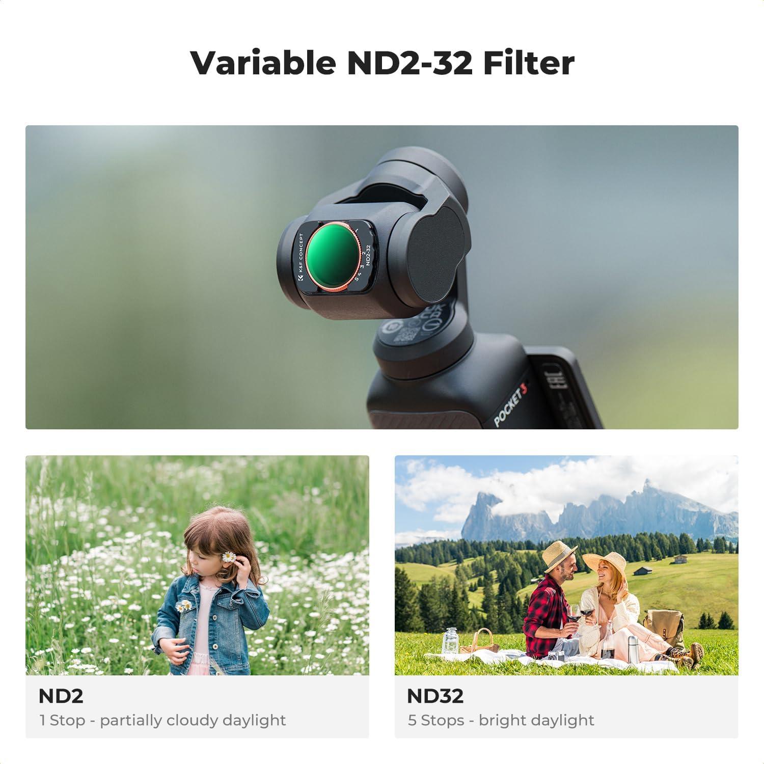 Filtro Gran Angular K&F Concept para DJI Osmo Pocket 3 - Kit de 3 Filtros ND2-32 y CPL