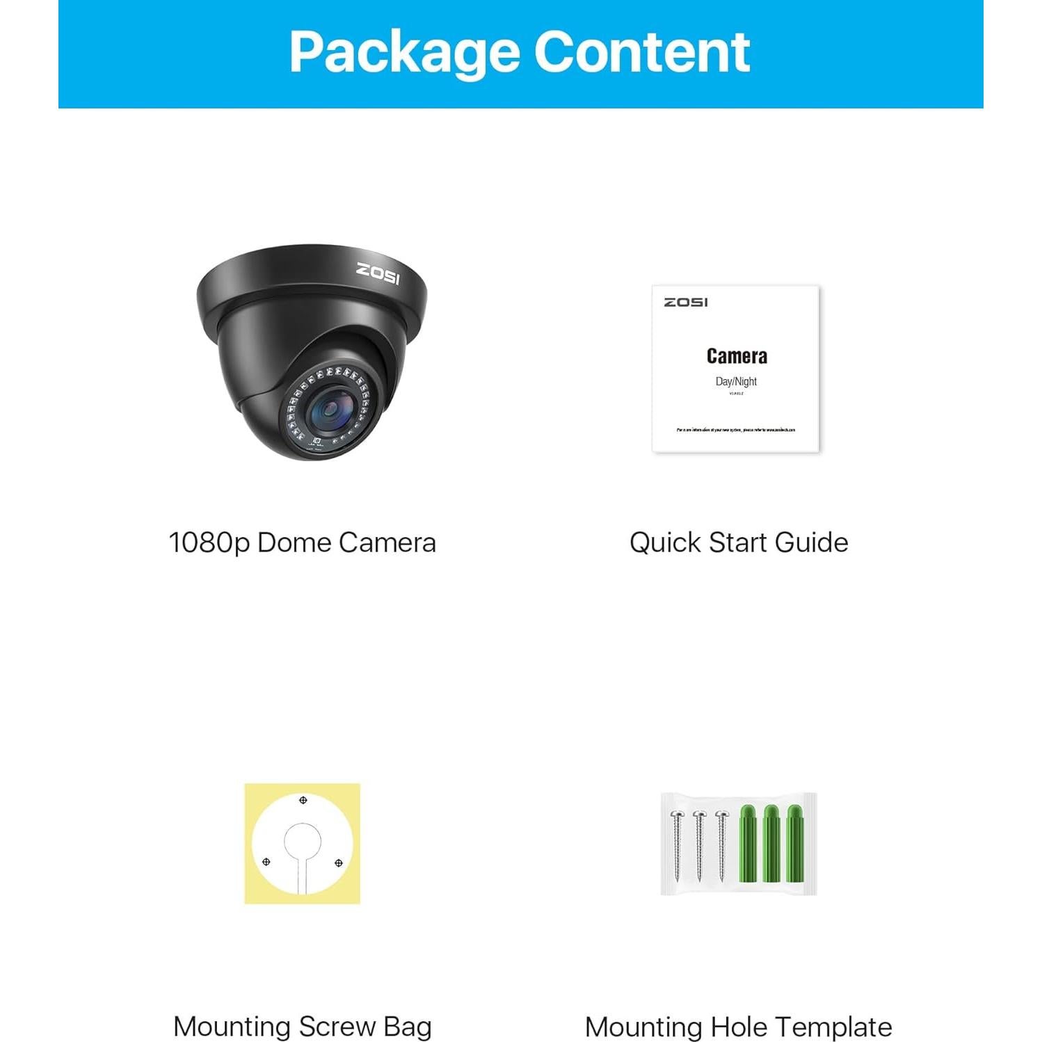 Cámara Domo ZOSI 2MP FHD 1080p con Visión Nocturna 24m