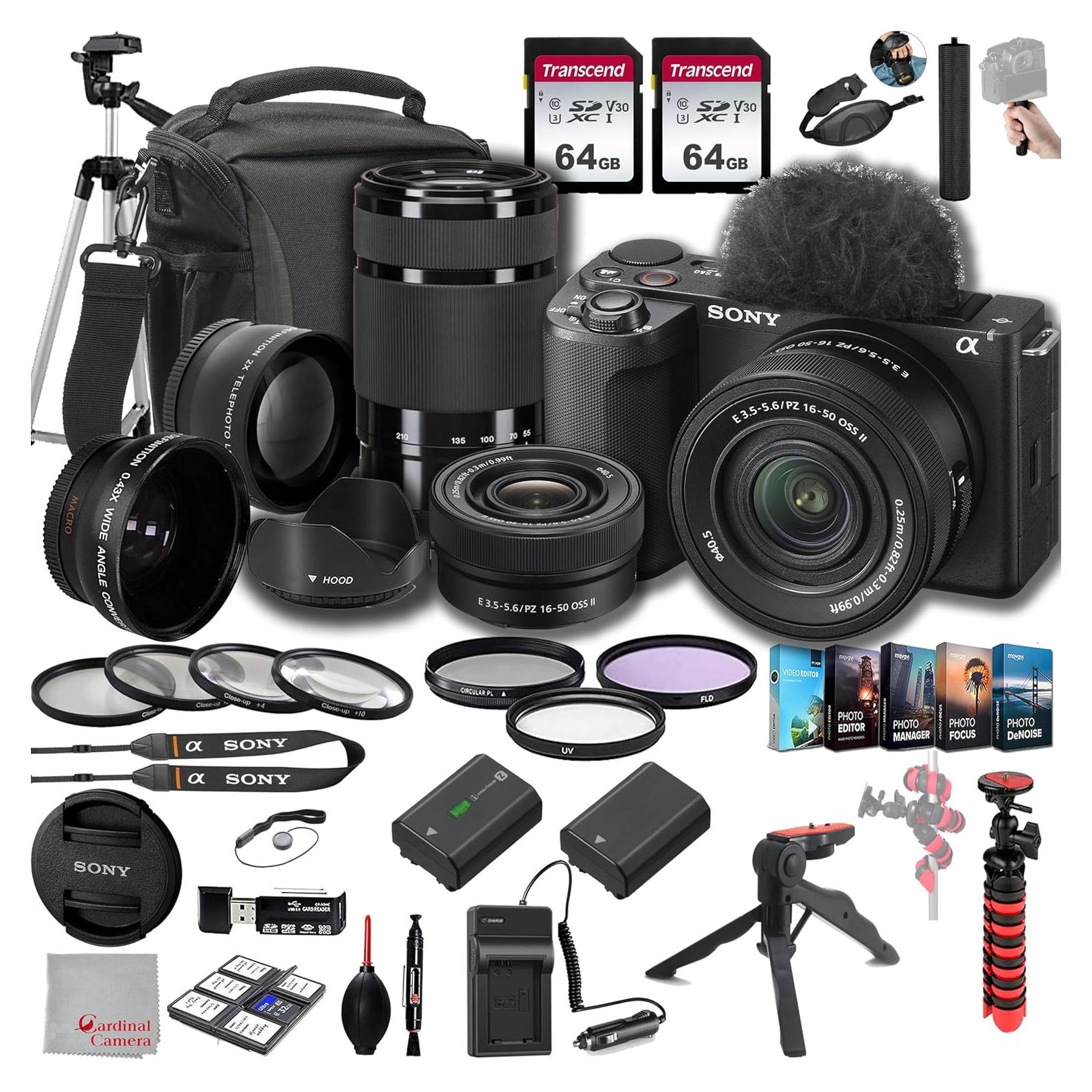 ZV-E10 II Mirrorless Camera with 16-50mm + 55-210mm Lenses, 128GB Memory,.43 Wide Angle & 2X Lenses, Case. Tripod, Filters, Hood, Grip,Spare Battery & Charger, Software Kit -Deluxe Bundle