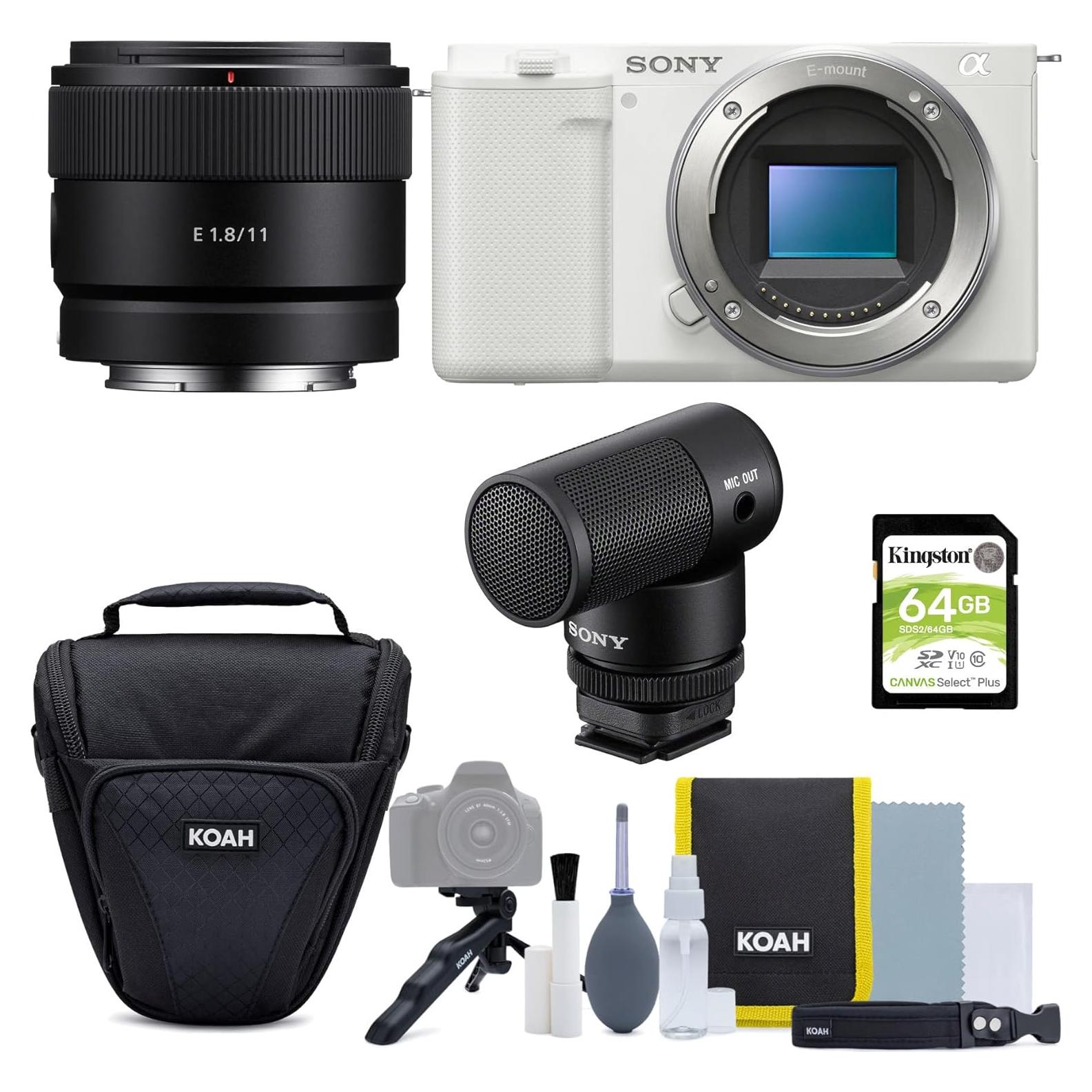 Sony Alpha ZV-E10 APS-C Interchangeable Lens Mirrorless Vlog Camera (White) with Sony E 11mm F1.8 APS-C Ultra Wide Angle Prime Lens and Bundle Content Creator Kit (5 Items)