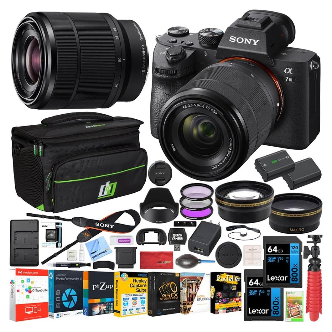 Sony a7III Full Frame Mirrorless Camera with FE 28-70mm F3.5-5.6 OSS Lens Kit ILCE-7M3K/B (Renewed) Bundle with Telephoto and Wide-Angle Lens Set, 2X 64GB Memory Cards, Bag and Accessories (26 Items)