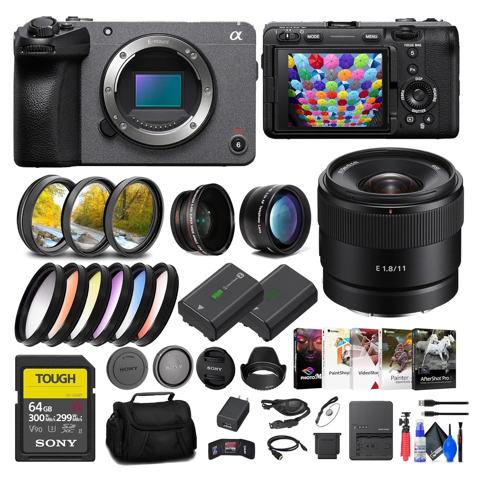 Sony FX30 Digital Cinema Camera (ILME-FX30B) + Sony E 11mm Lens + 64GB SF-G T Card + Filter Kit + Lens Hood + Bag + More (Renewed)