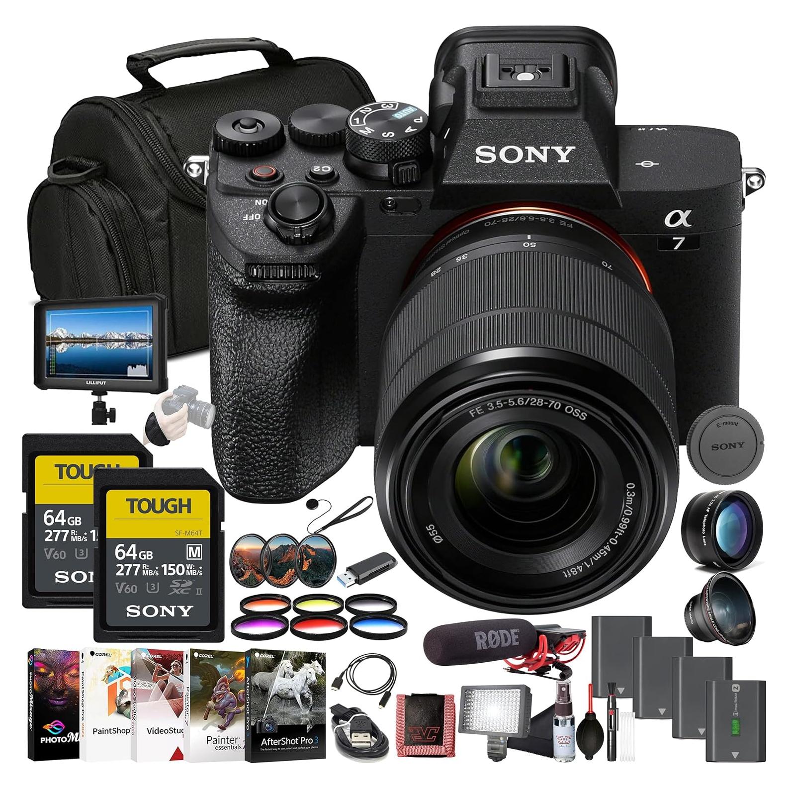 Sony α7 IV Mirrorless Camera Kit (ILCE-7M4K/B) with 28–70mm OSS Lens | 33 MP Full-Frame Sensor | 4K/60p Video | 4K Monitor, VideoMic, 2 x 64GB Memory Card, Filter Kit, Wide Angle Lens and More
