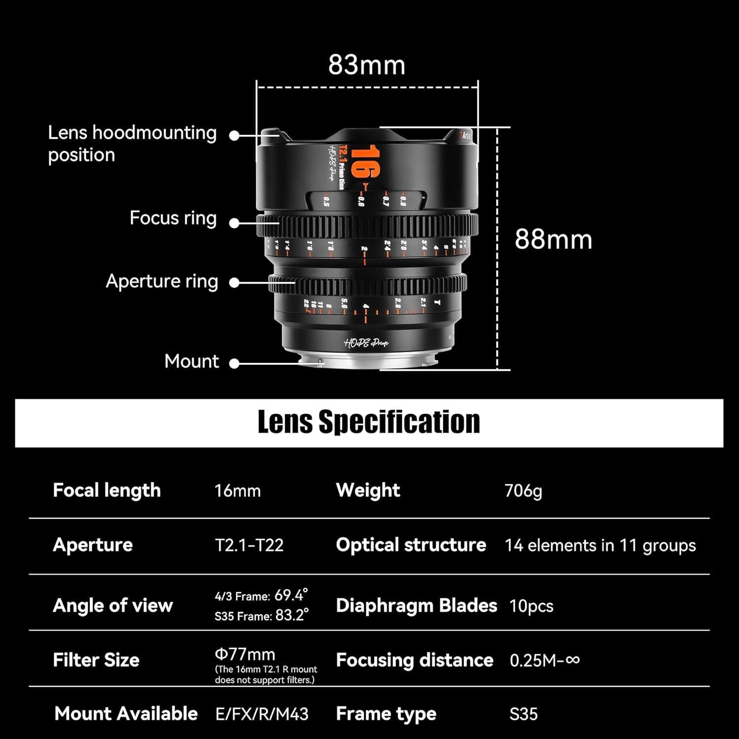 Lente de Cine 7artisans 16mm T2.1 para Montura Fuji X