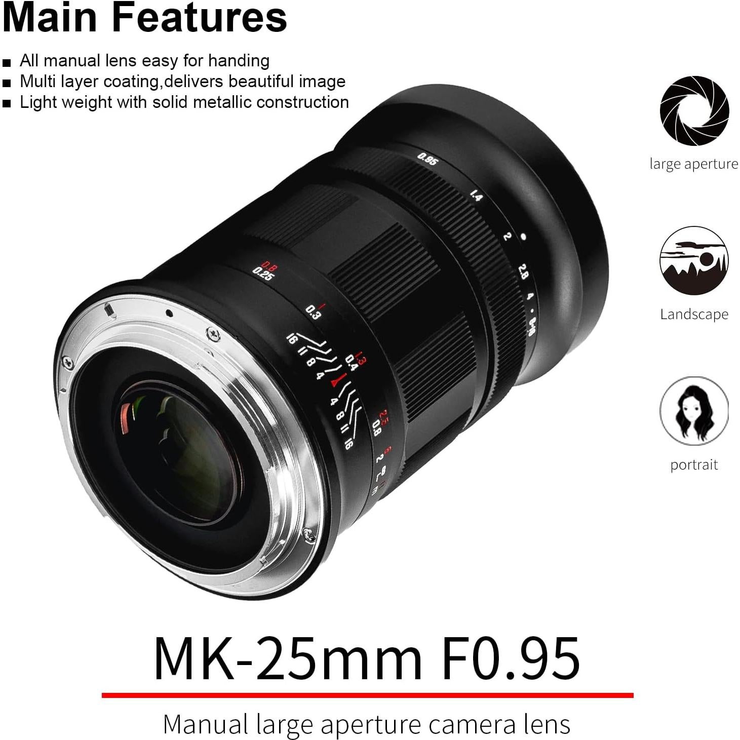 Lente Meike 25mm f/0.95 Gran Apertura Manual RF-Mount