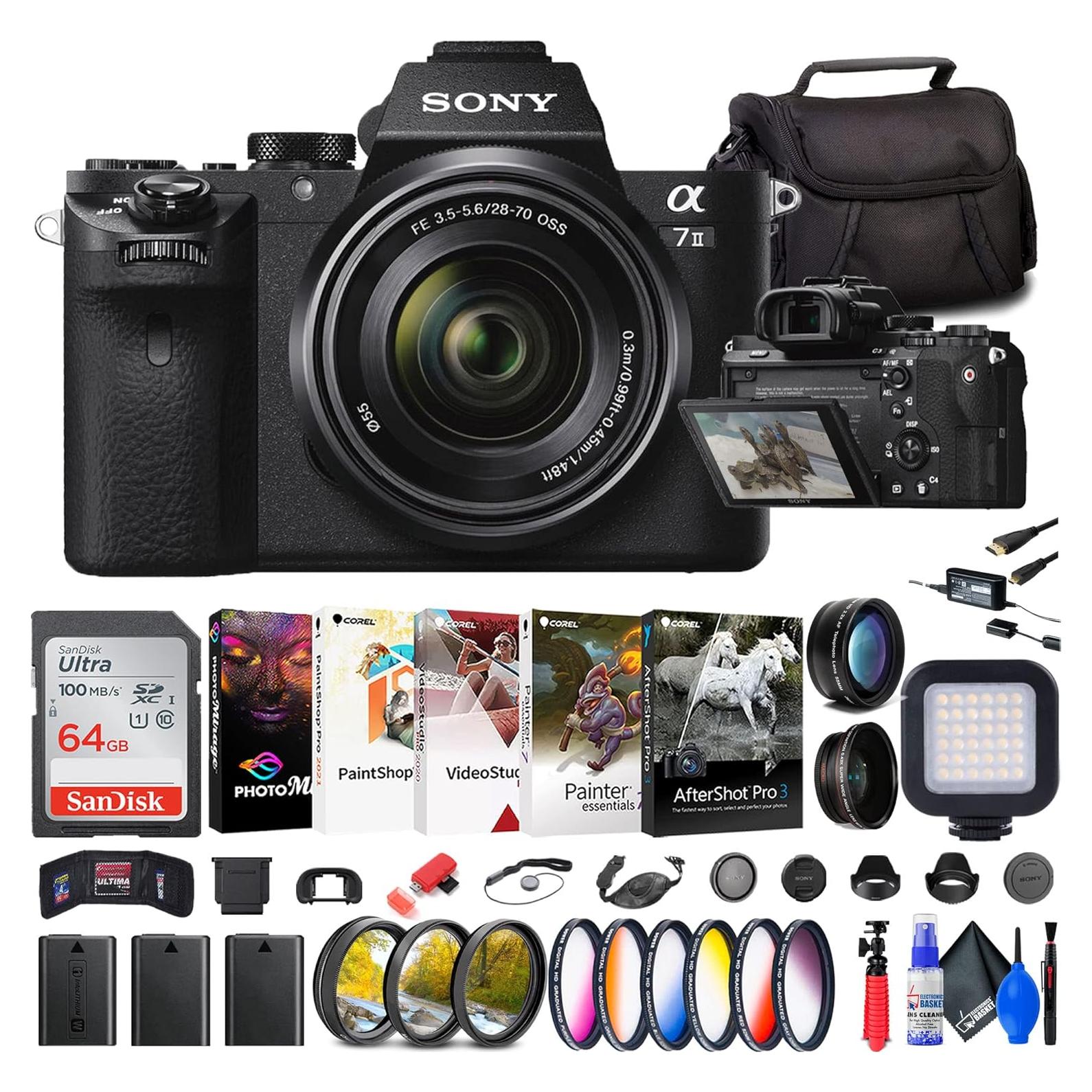 Sony a7 II Mirrorless Camera with 28-70mm Lens (ILCE7M2K/B) + Filter Kit + Wide Angle Lens + Color Filter Kit + Bag + 64GB Card + 2 x NPF-W50 Battery + More (Renewed)