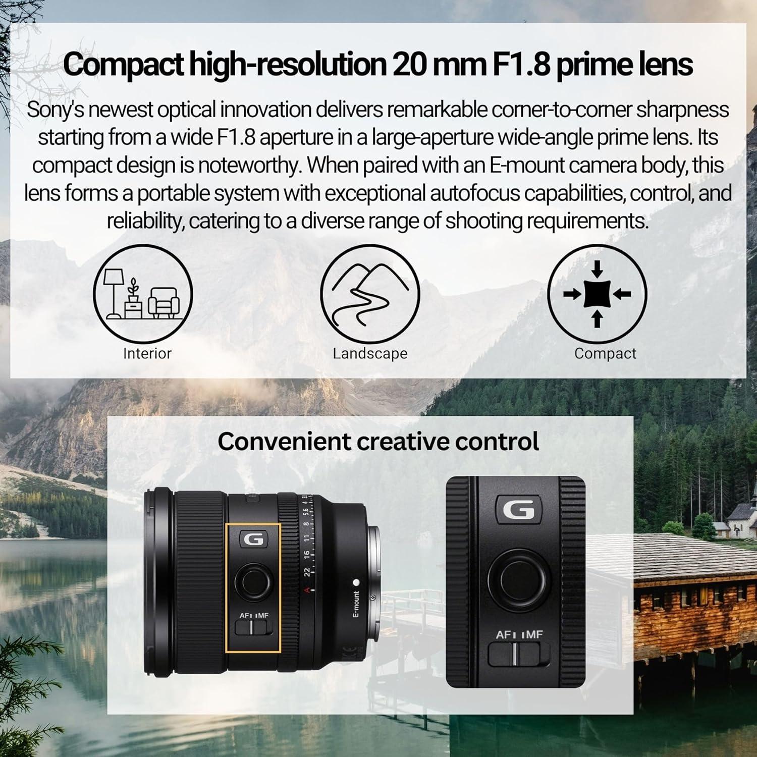 Lente Sony FE 20mm f/1.8 G Gran Angular con Accesorios