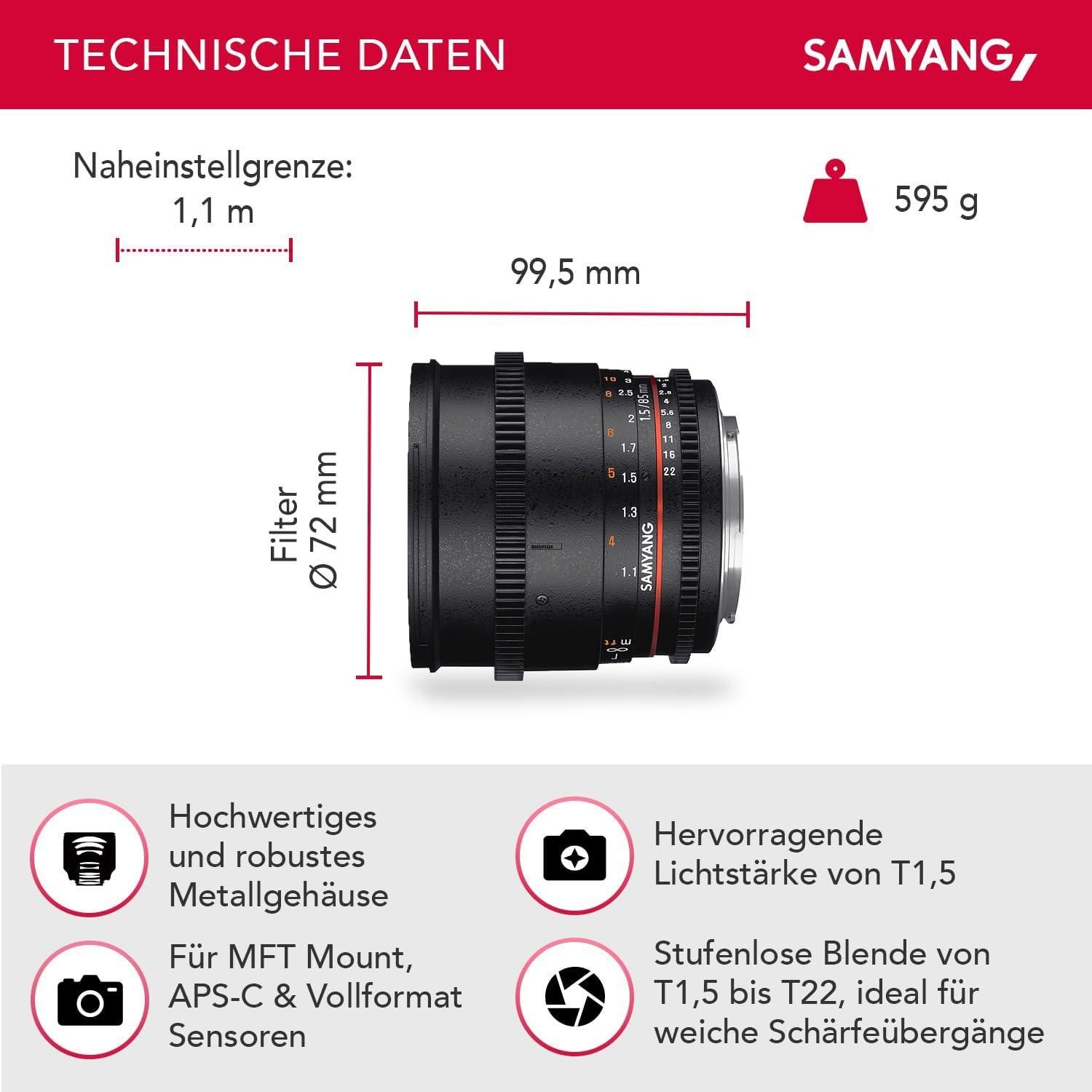 Lente Samyang 85mm T1.5 VDSLR II Micro Cuatro Tercios