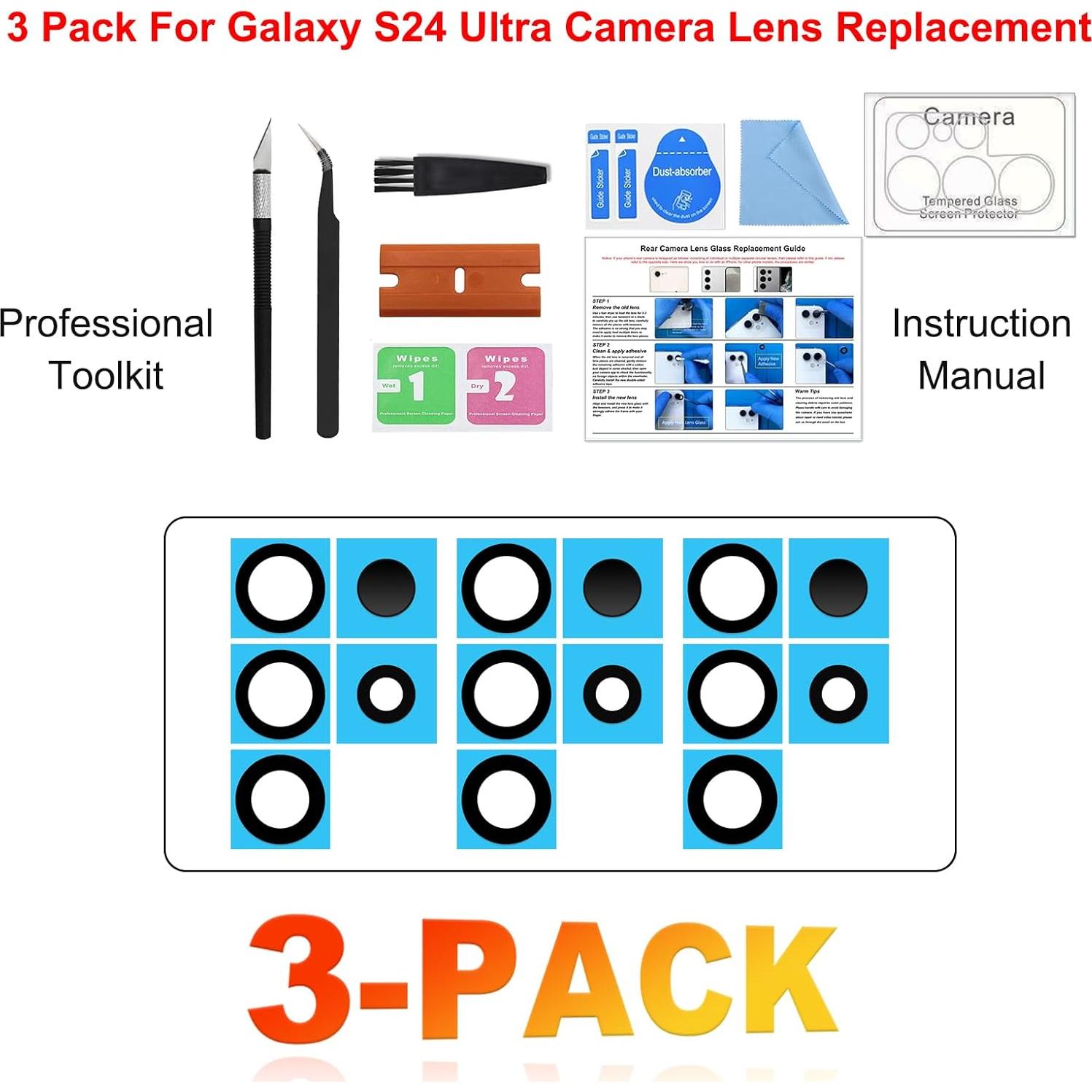 Reemplazo Cristal Lente Cámara Samsung Galaxy S24 Ultra - 3 Pzs