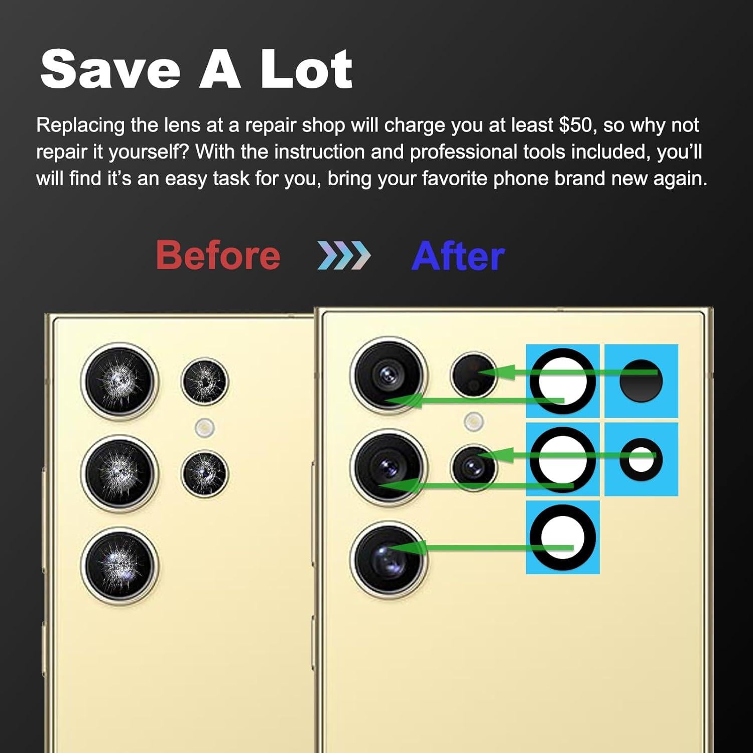 Reemplazo Cristal Lente Cámara Samsung Galaxy S24 Ultra - 3 Pzs