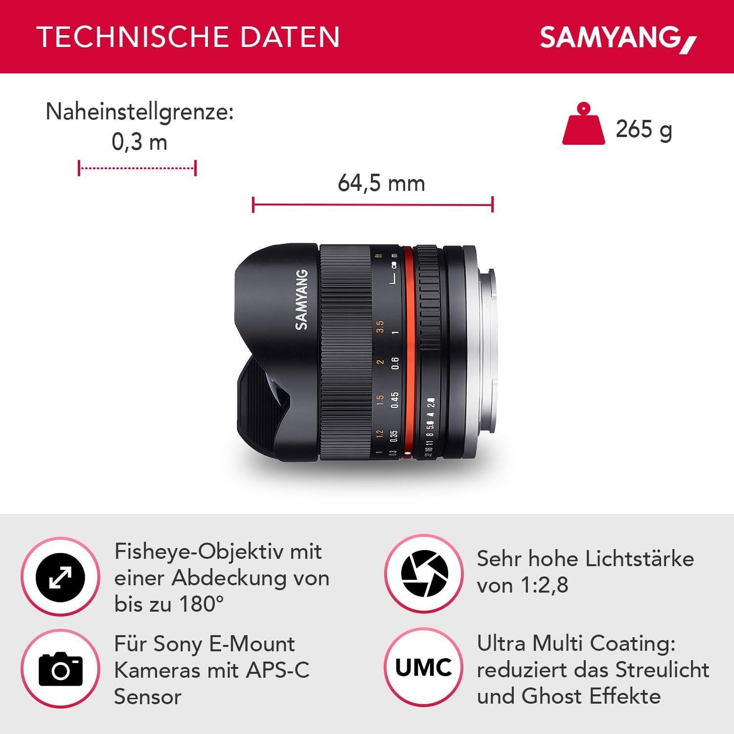 Lente Ojo de Pez Samyang 8mm F2.8 II Enfoque Manual Sony E