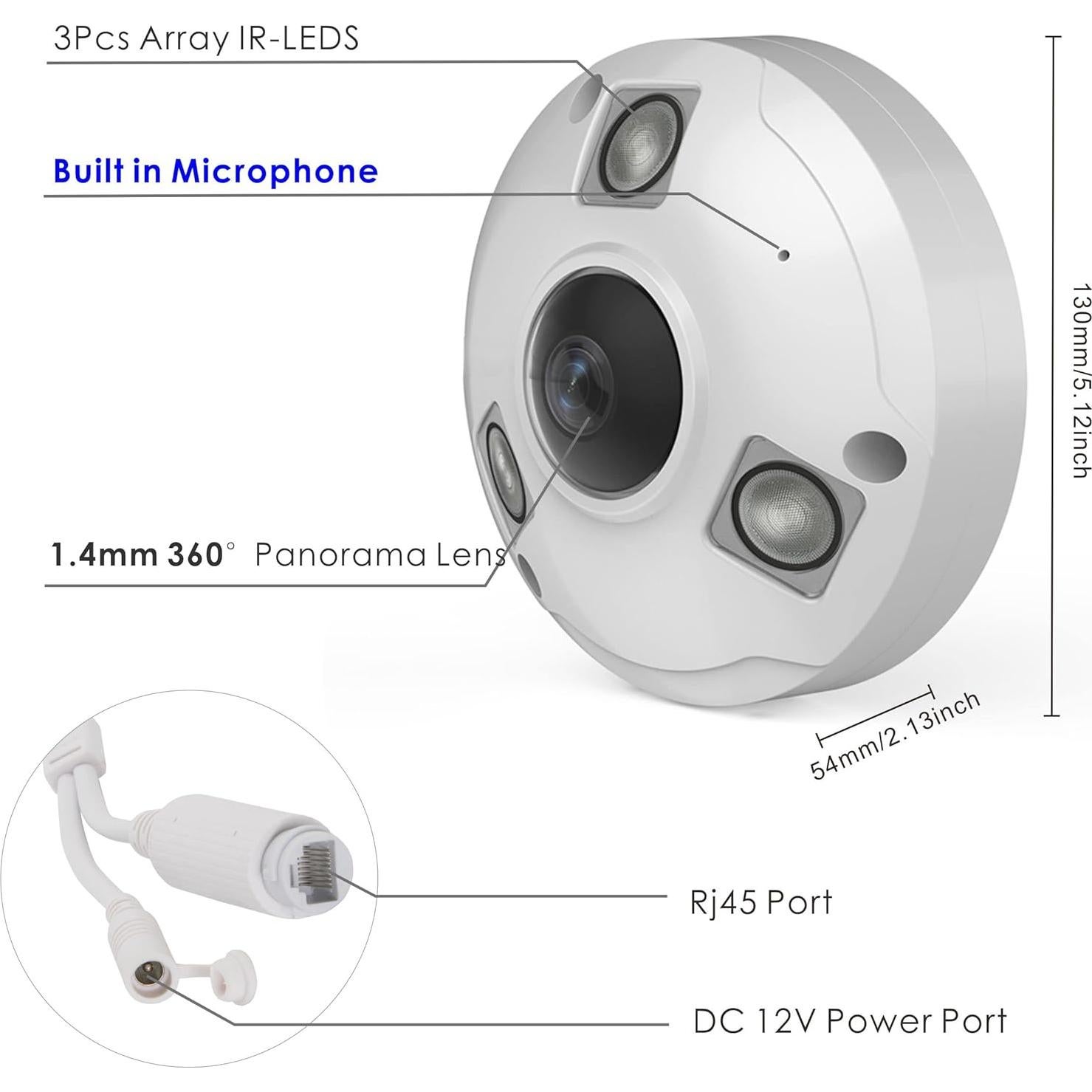 Cámara Fisheye IP POE 5MP Inwerang 360° Visión Nocturna