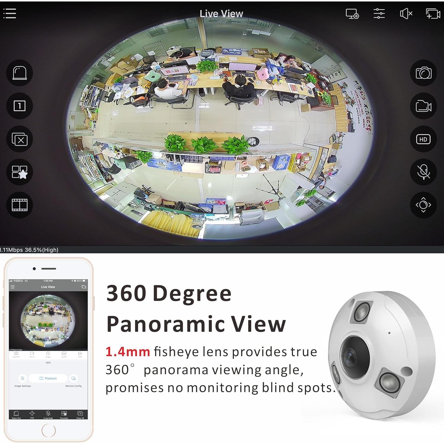 Cámara Fisheye IP POE 5MP Inwerang 360° Visión Nocturna