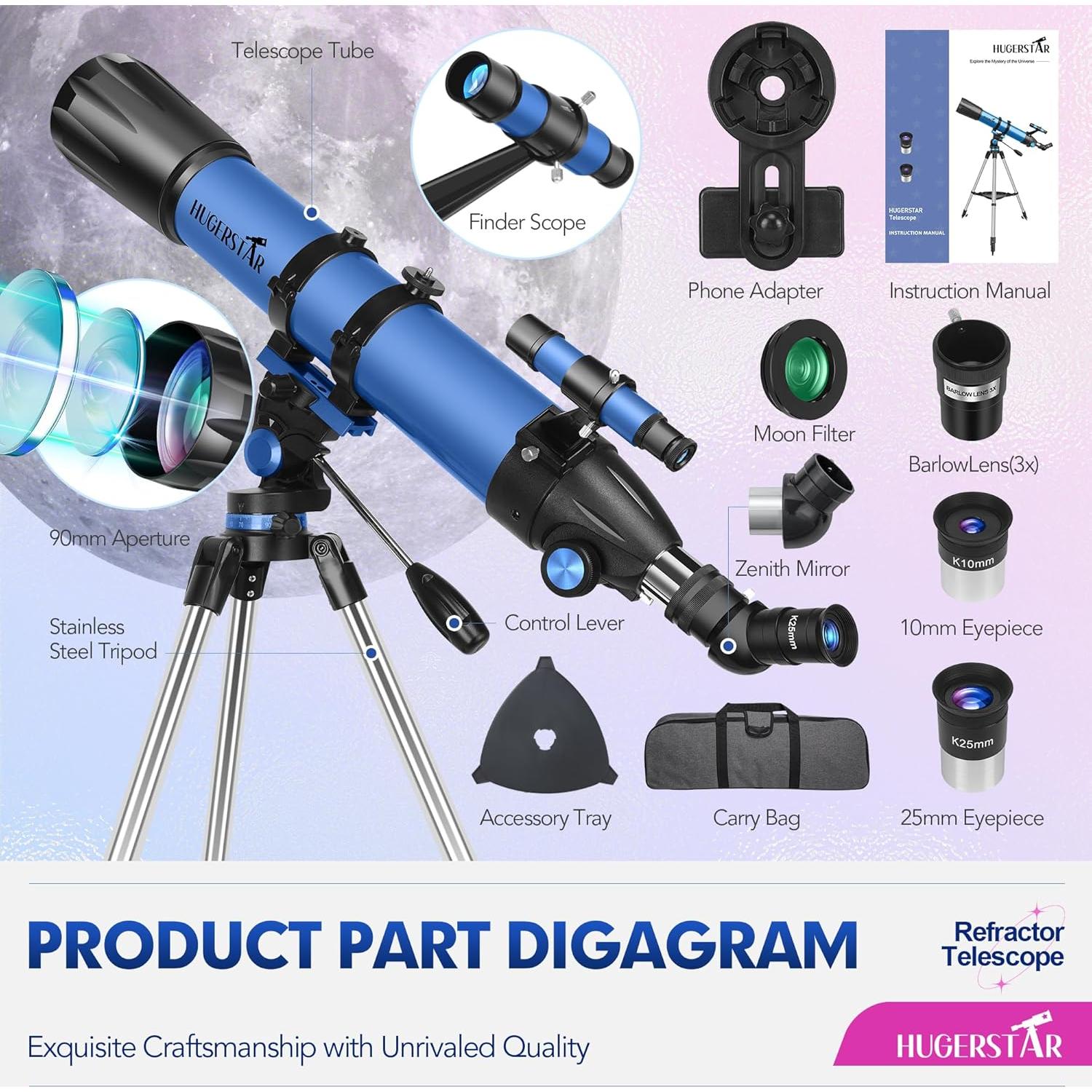 Telescopio Refractor HUGERSTAR 90mm 800mm para Astronomía
