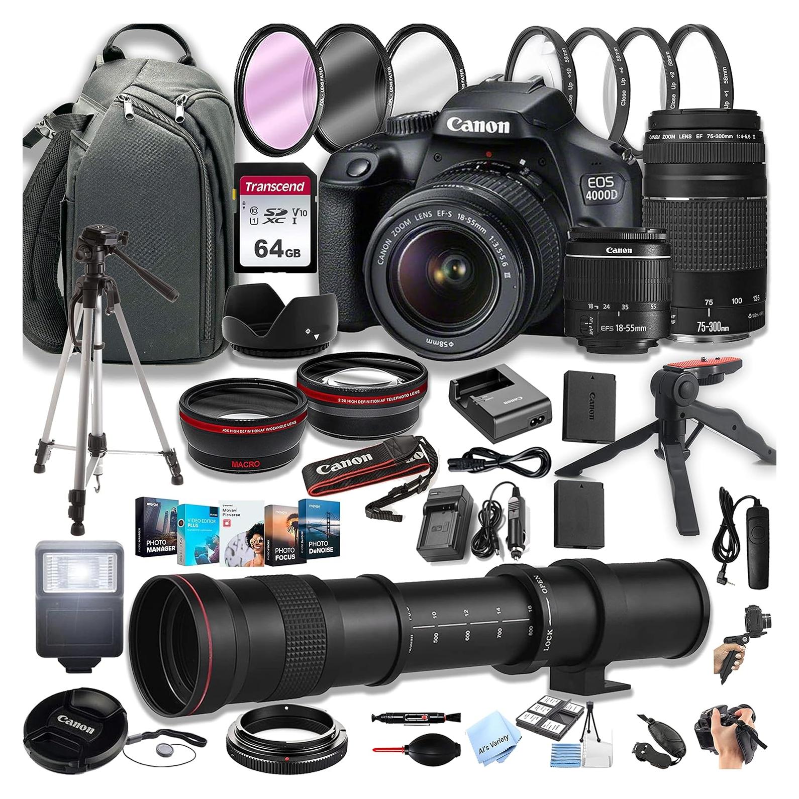 Cámara DSLR Canon EOS 4000D + Lentes 18-55mm, 75-300mm, 420-800mm