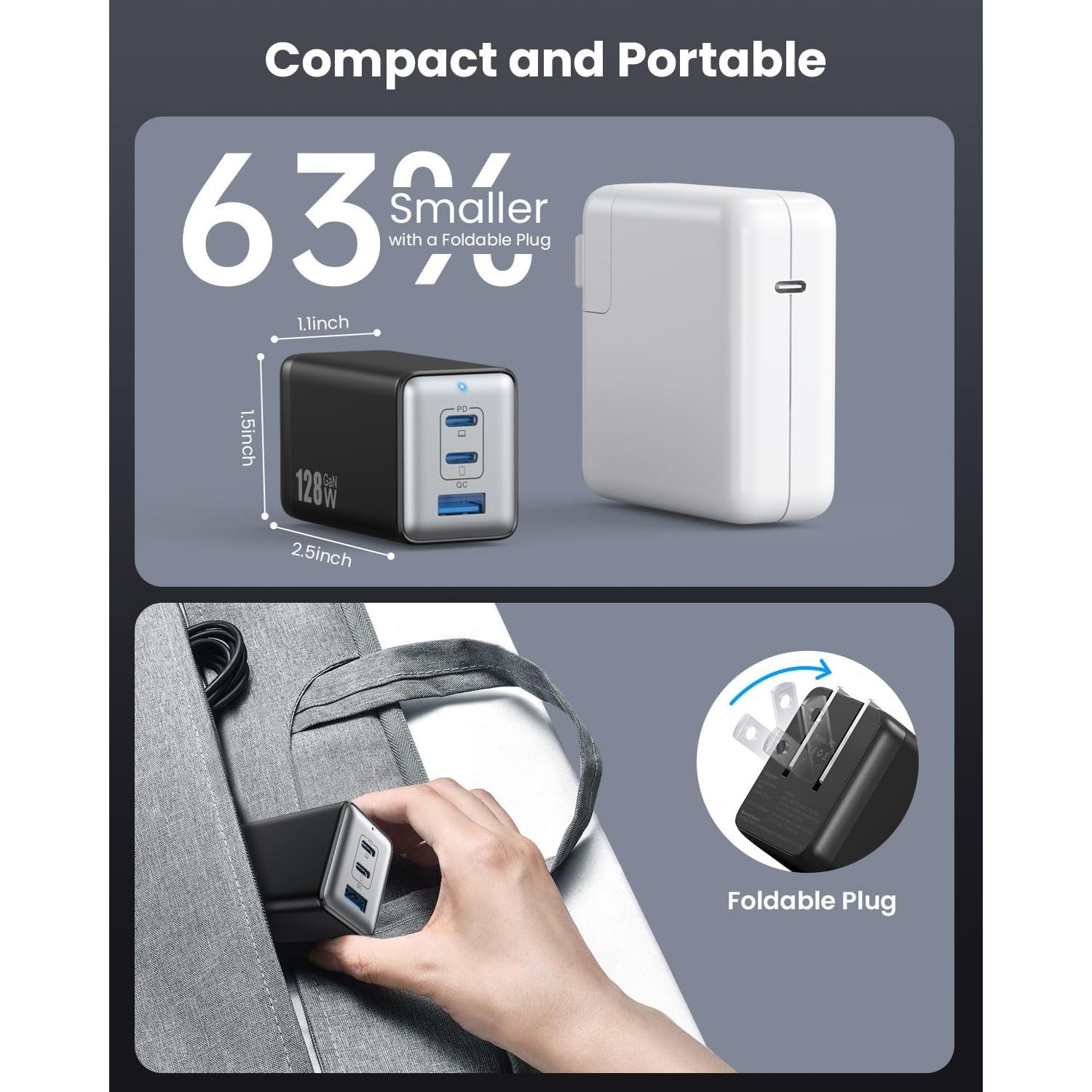 Cargador USB C 128W Dongguan Plegable 3 Puertos Rápido