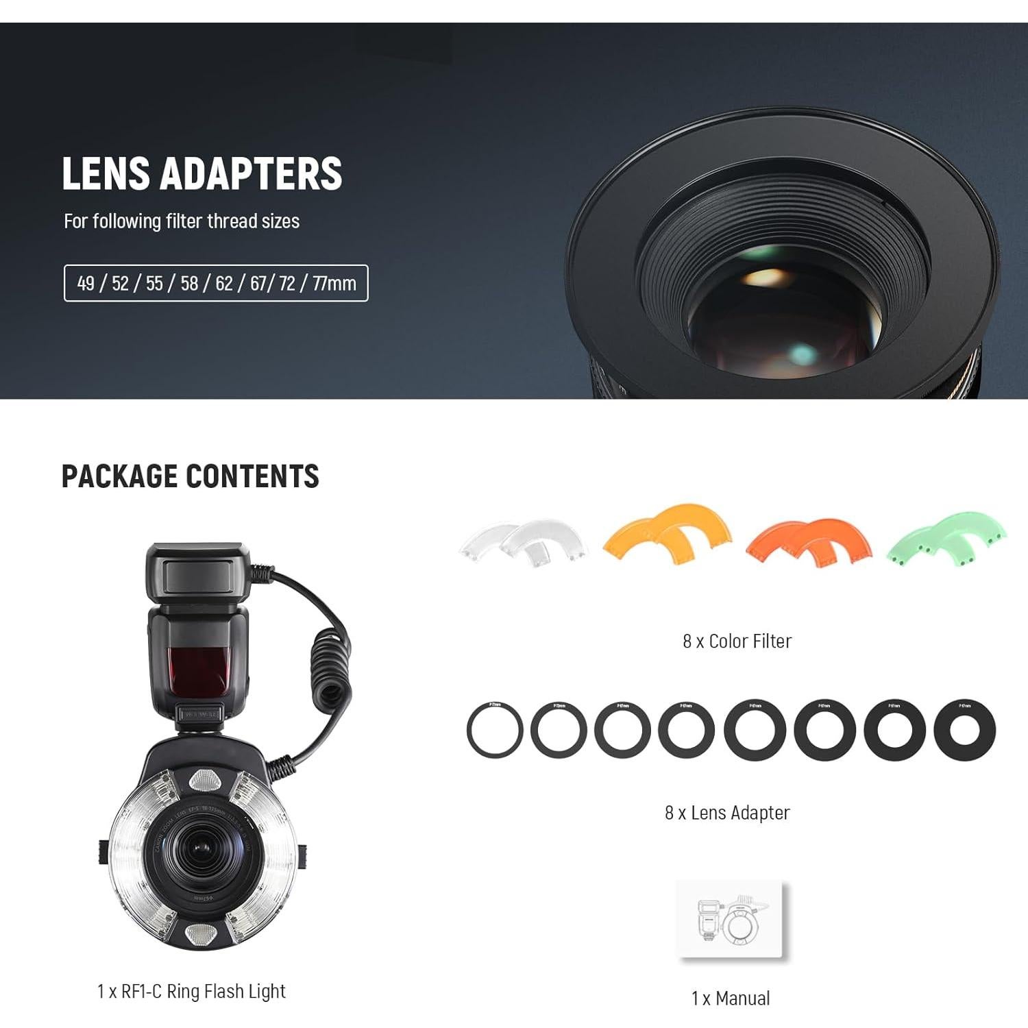 Flash de Anillo NEEWER RF1-C para Canon, 76Ws GN15 TTL Macro