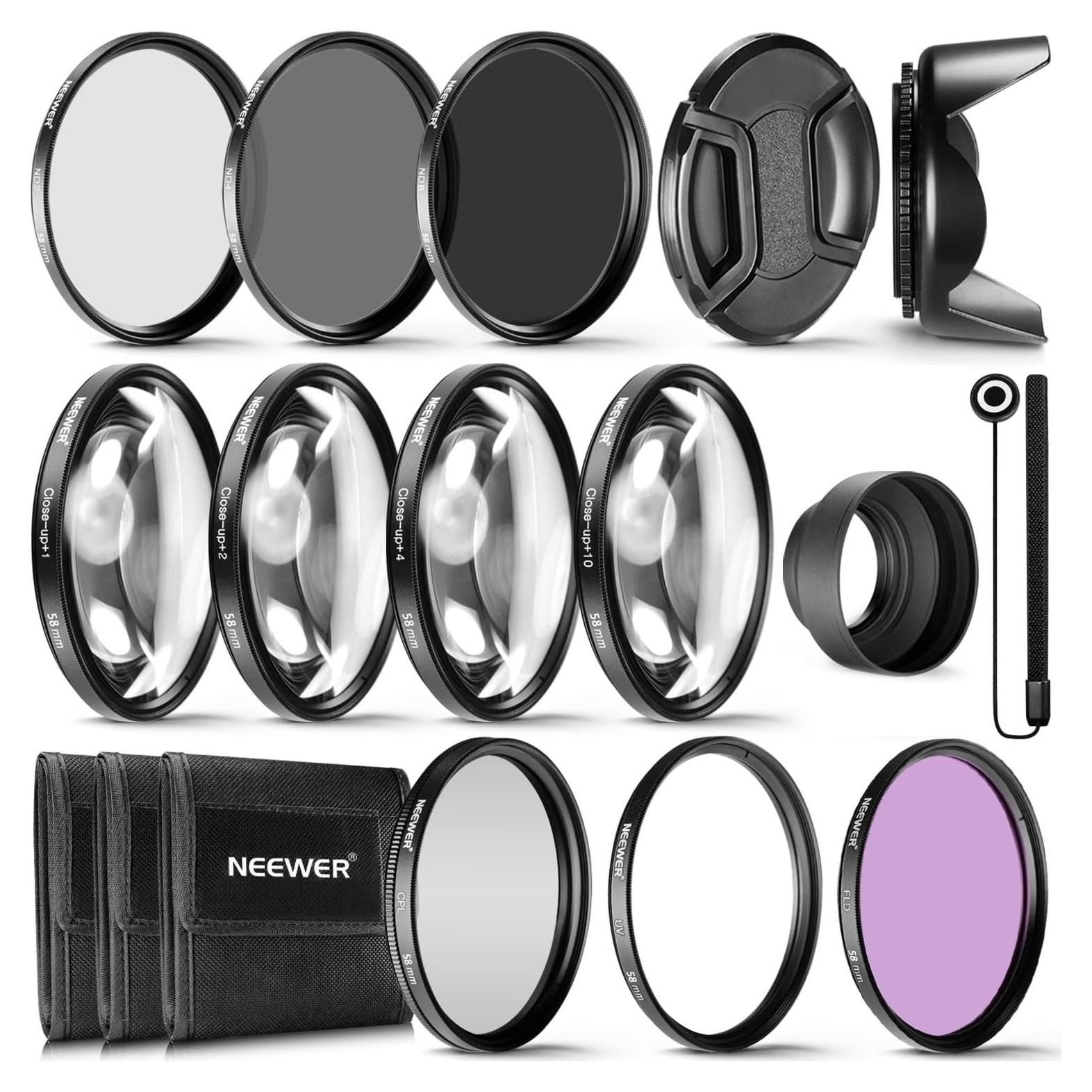 Kit de Filtros de 58mm Neewer: ND, CPL, UV, Macro y Accesorios