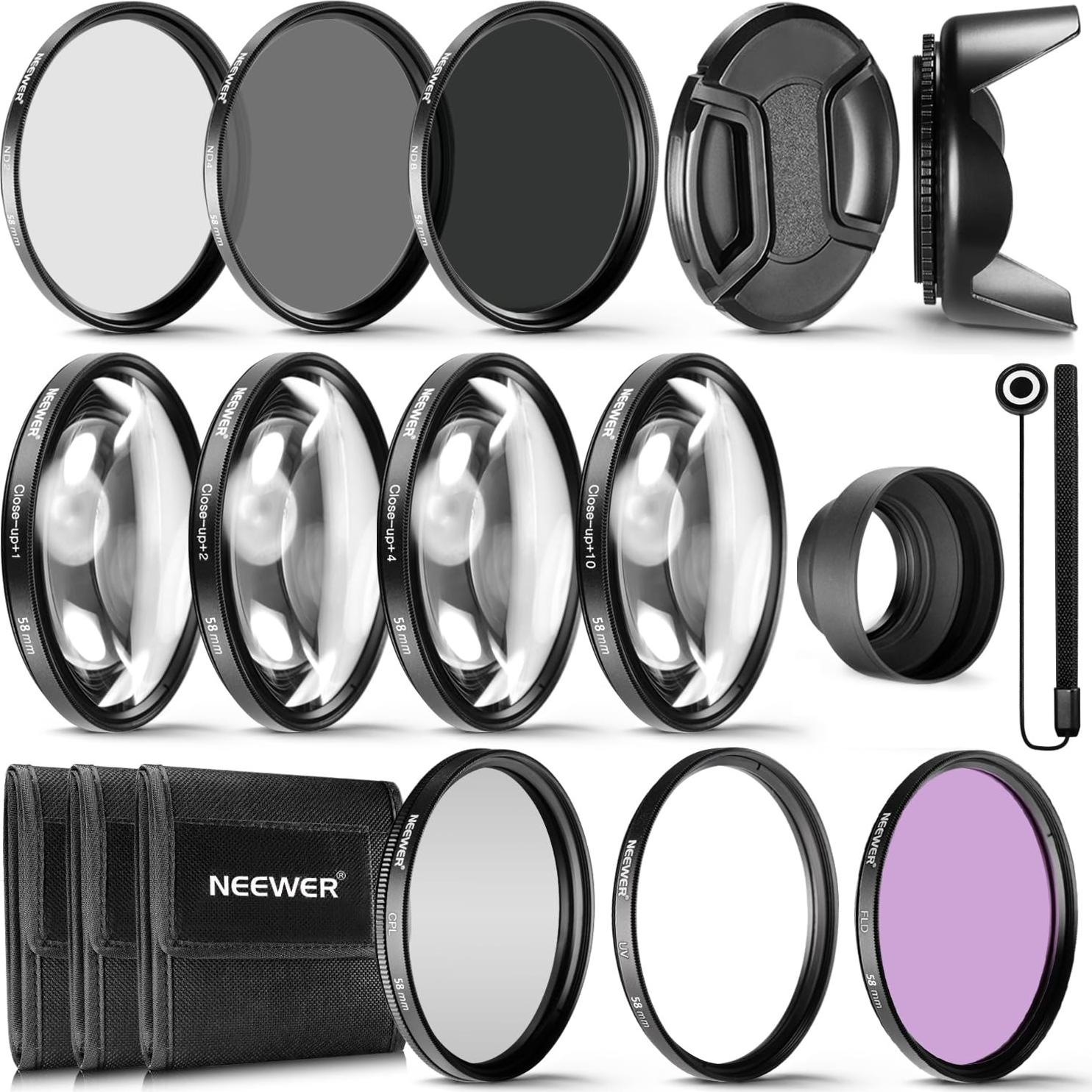 Kit de Filtros de 58mm Neewer: ND, CPL, UV, Macro y Accesorios