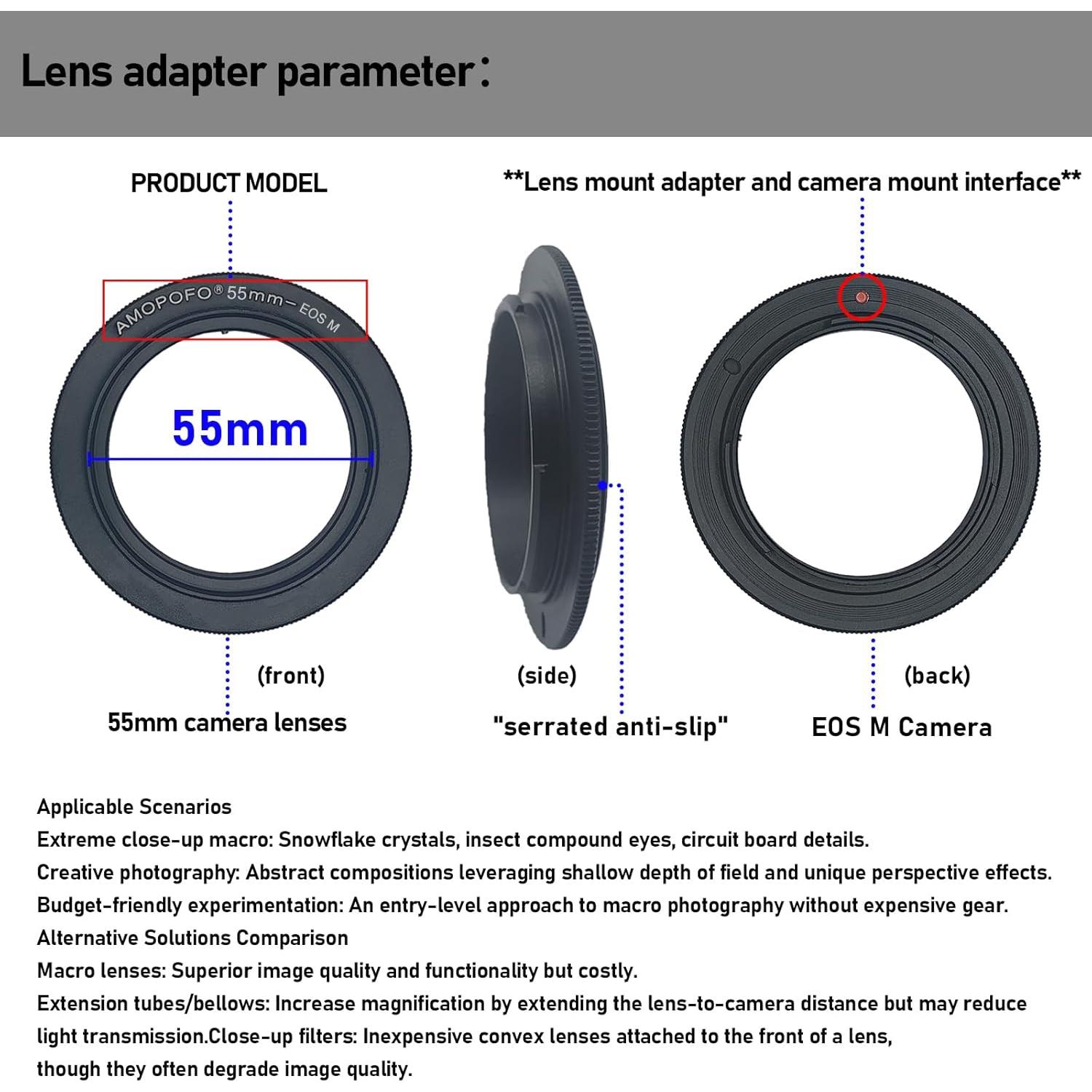 Anillo Inverso de Lente Macro SHEYOU 55mm para Cámaras EF-M
