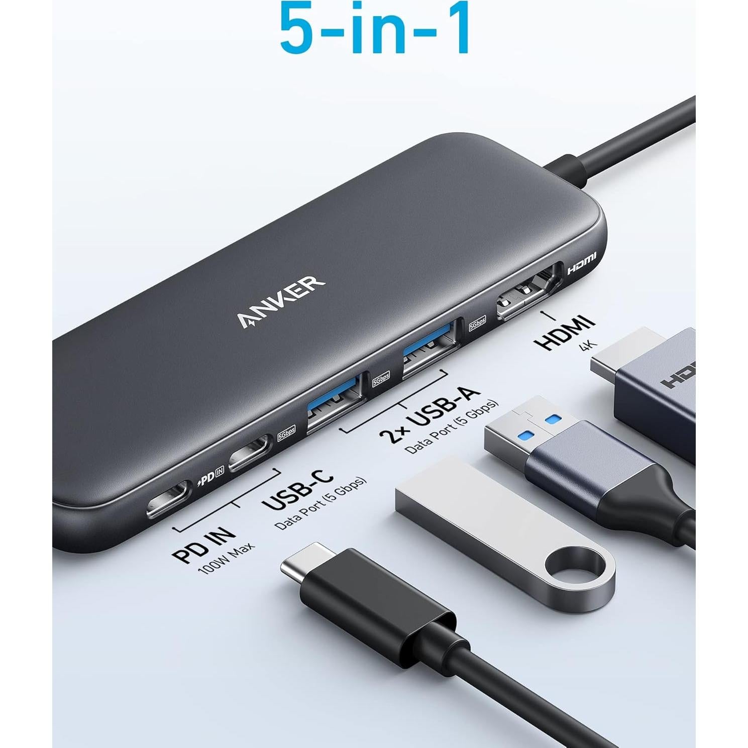 Hub USB-C Anker 5-en-1 HDMI 4K y 3 puertos USB-A