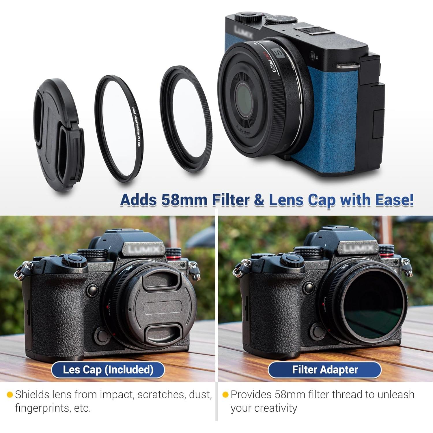 Adaptador de Filtro JJC 58mm + Tapa para Lente Panasonic Lumix S-R26