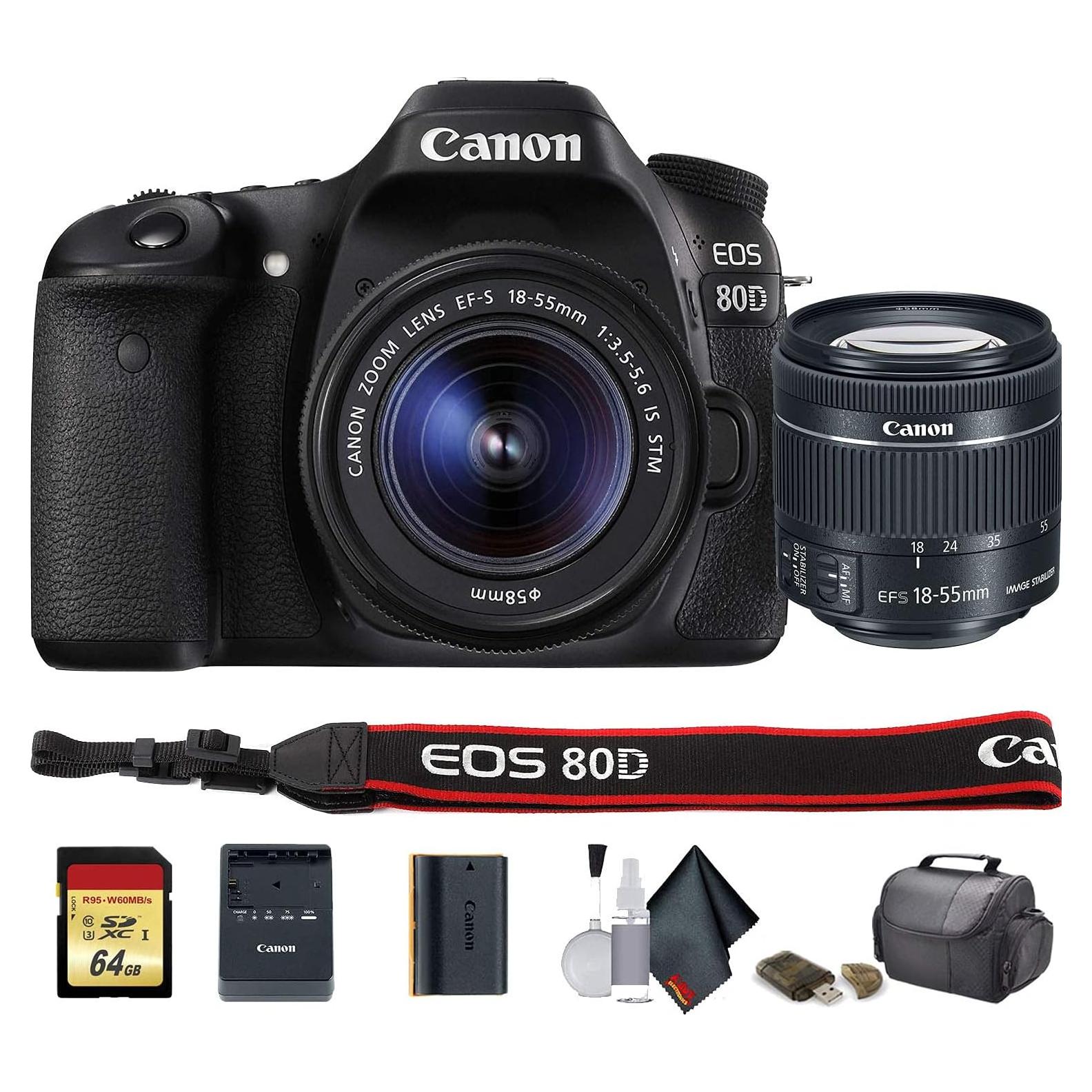 Cámara DSLR Canon EOS 80D con lente 18-55 mm y accesorios