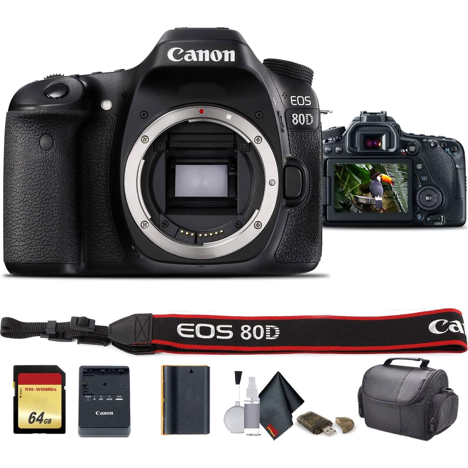 Cámara DSLR Canon EOS 80D con lente 18-55 mm y accesorios