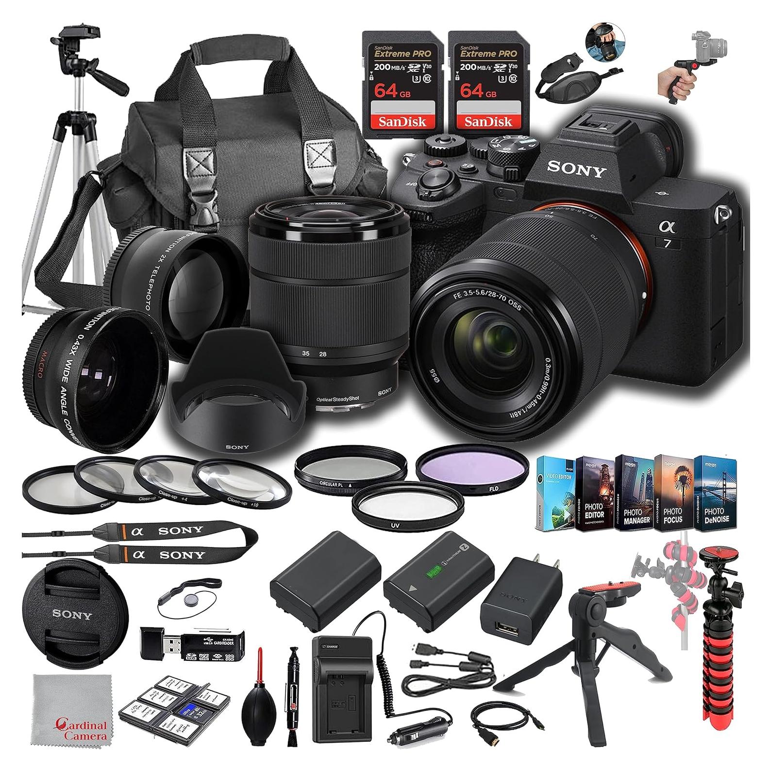 a7 IV Mirrorless Digital Camera 33MP w/ 28-70mmmm Lens, 128GB Extreem Speed Memory,.43 Wide & 2X Lenses, Case. Tripod, Filters, Hood, Grip,Spare Battery & Charger, Software Kit -Deluxe Bundle