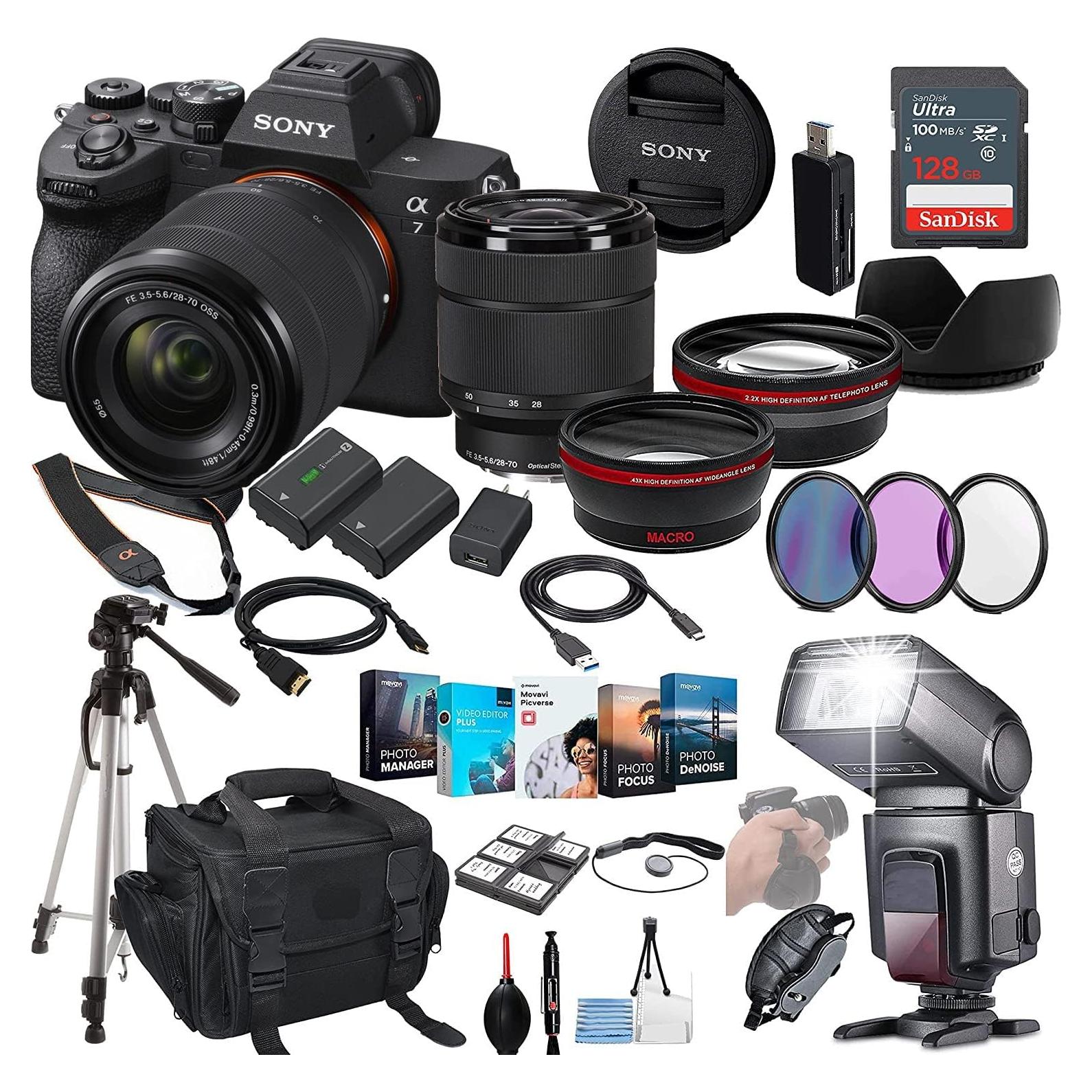 a7 IV Mirrorless Camera Bundle - ILCE-7M4/B with 28-70mm Zoom Lens + Prime Accessory Package Including 128GB Memory, TTL Flash, Extra Battery, Editing Software Package, Auxiliary Lenses & More