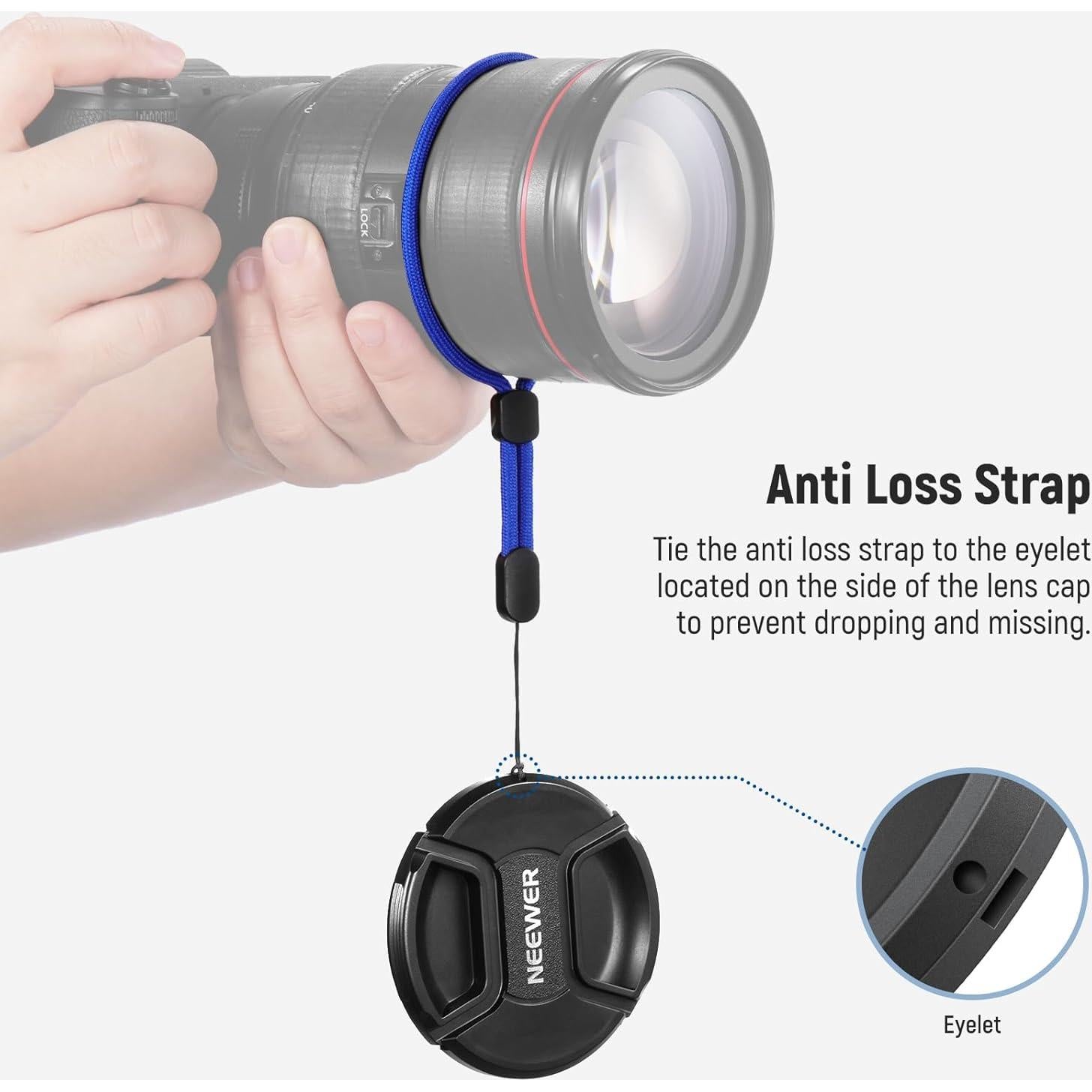 Kit de tapa de lente 49mm Neewer con correa y paño de limpieza