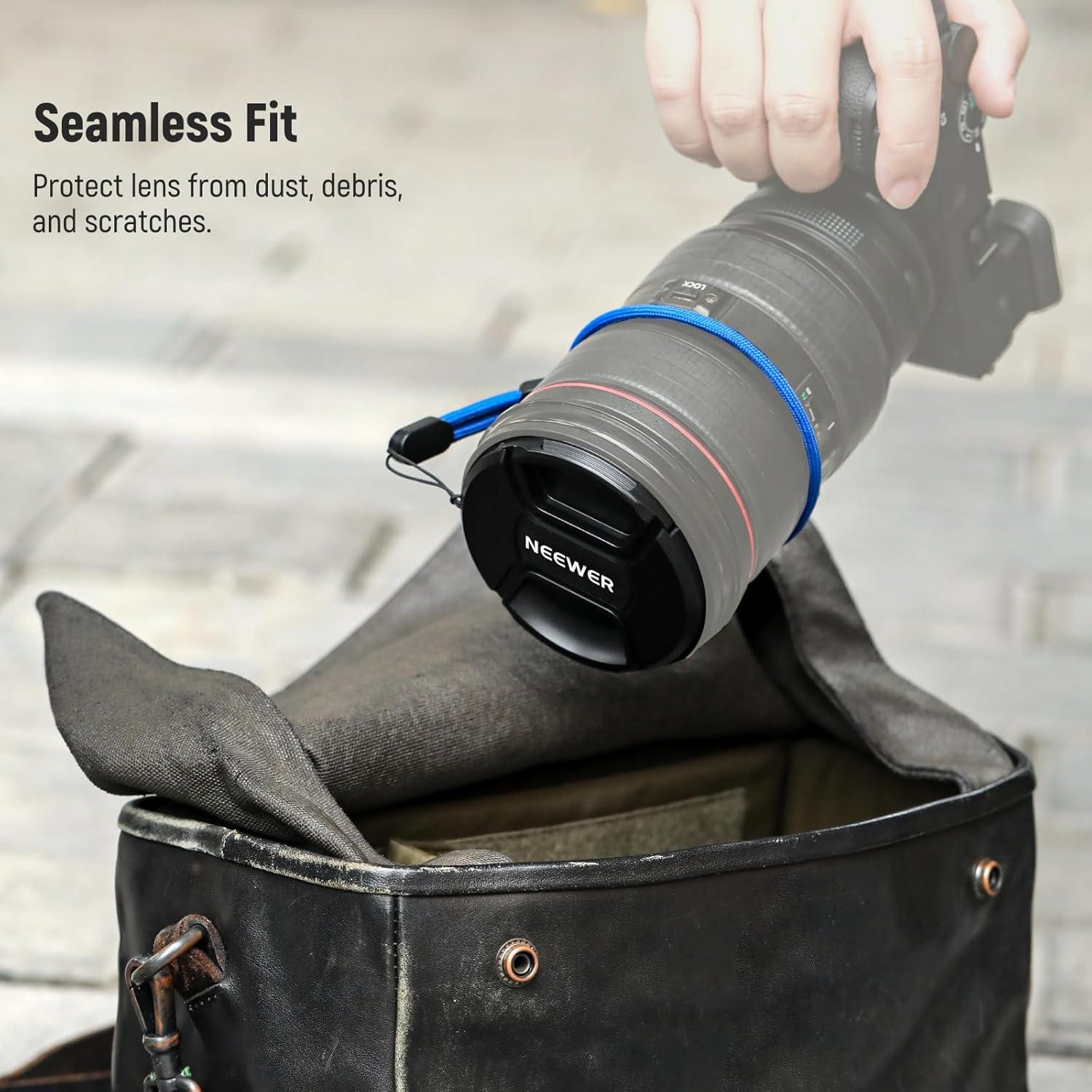 Kit de tapa de lente 49mm Neewer con correa y paño de limpieza