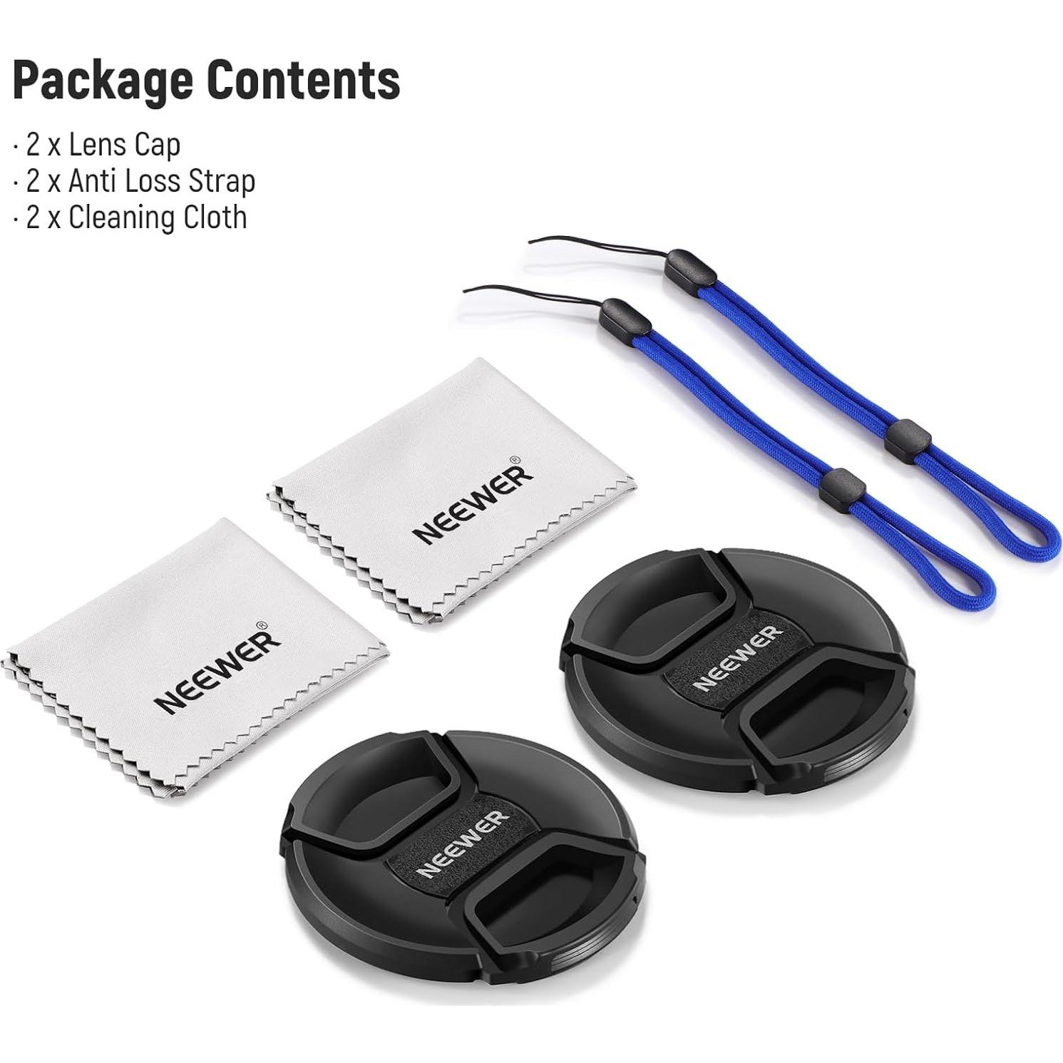 Kit de tapa de lente 49mm Neewer con correa y paño de limpieza