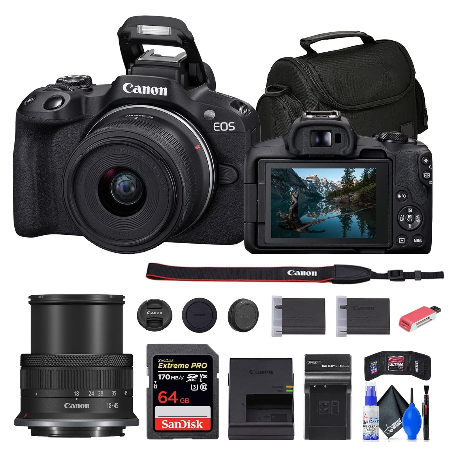 Canon EOS R50 Mirrorless Camera with 18-45mm Lens (Black) (5811C012) + 64GB Memory Card + Bag + Charger + LPE17 Battery + Card Reader + Memory Wallet + Cleaning Kit (Renewed)