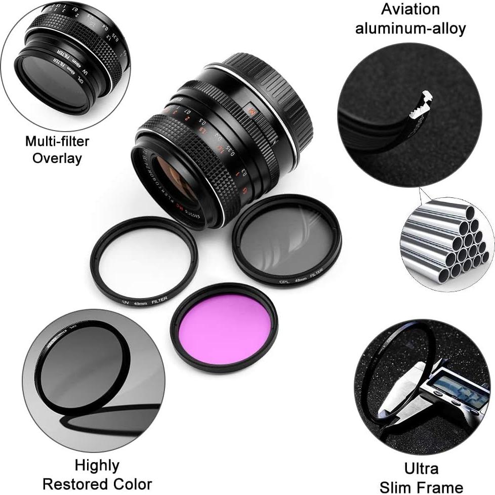 Juego de Filtros 49mm UV CPL FLD + Tapa de Lente X-SweetDream