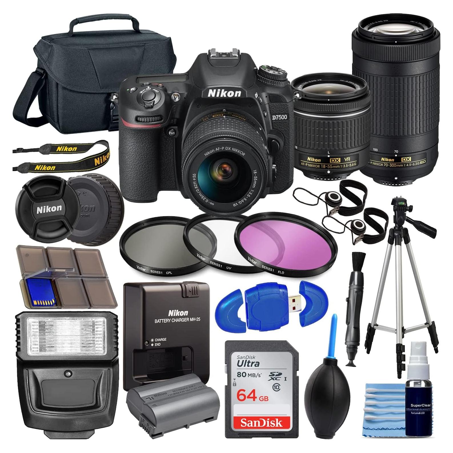 Nikon D7500 DX-Format Digital SLR w/AF-P DX NIKKOR 18-55mm f/3.5-5.6G VR Lens + AF-P DX 70-300mm f/4.5-6.3G ed Lens + 64GB Memory Card, TriPod, Flash, 3pc Filter Kit, Case, More, Black